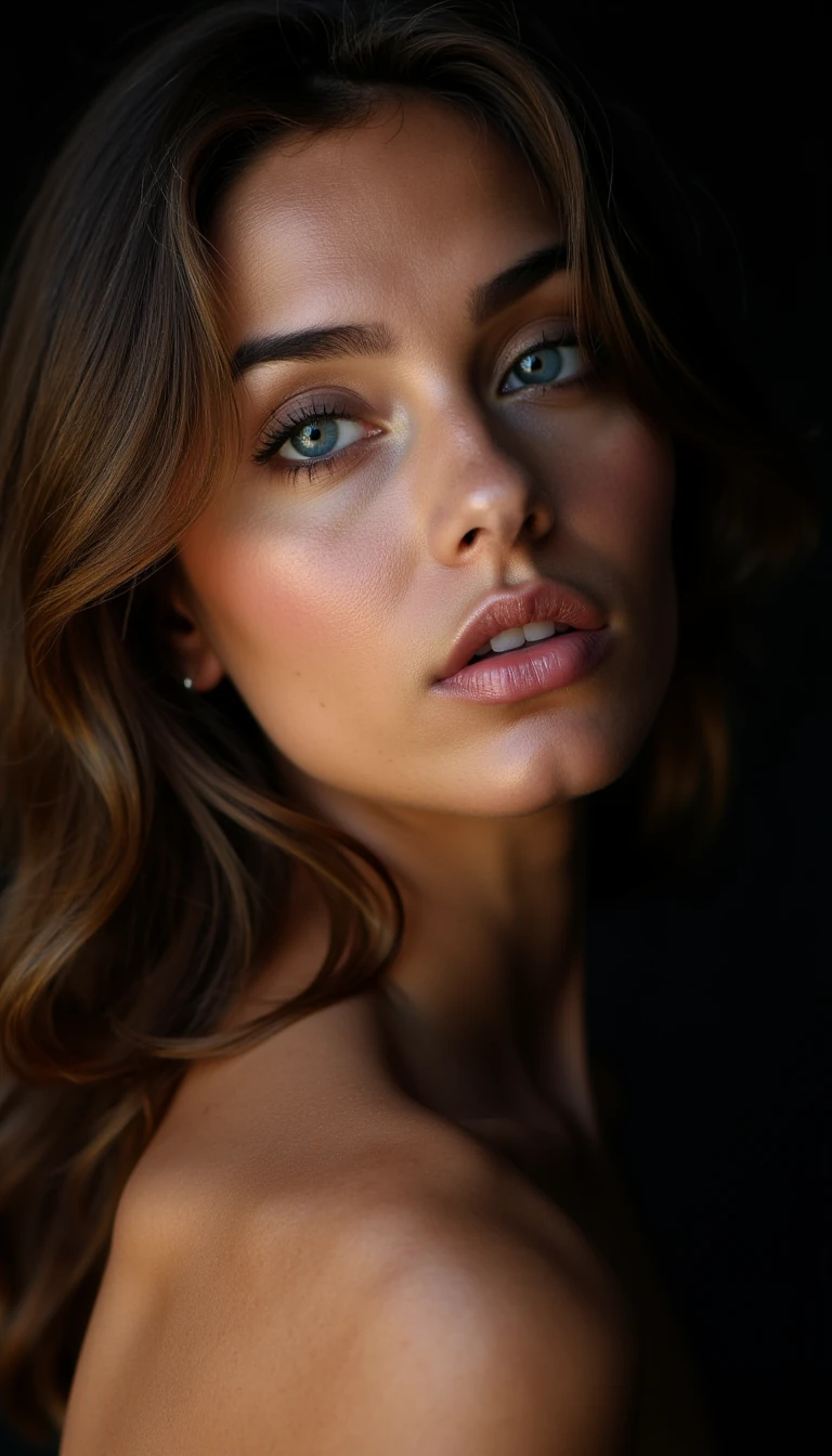 close-up of a feminine woman with big soft blue eyes, long dark lashes, defined cheekbones, wavy brown hair cascading over one shoulder, sensual yet innocent expression, slightly open lips, natural glossy skin texture, shot in soft afternoon window-light with shallow depth of field, polish girl, side profile, strong orange key light and teal rim light, dark studio background, cinematic contrast




