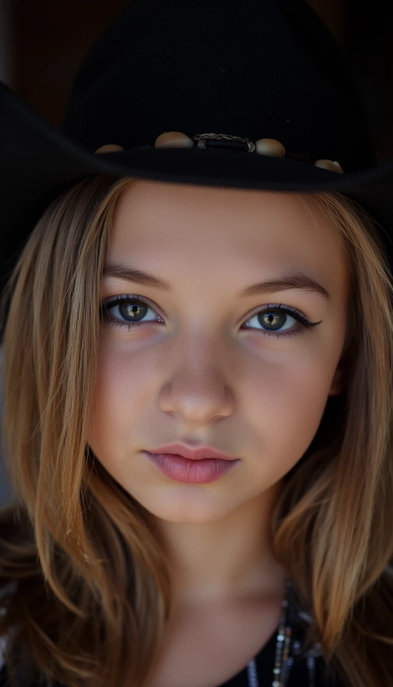 A pre teen petite emo model, close-up over-the-shoulder portrait. Blonde hair falling across her face, blue eyes with dark smoky eyeliner, fair skin. Outfit detail: cowboy hat brim visible in frame. Mood: sultry and intense, direct gaze at the camera. Lighting: moody studio spotlight with soft shadows. instagram profile pic ready CSTMDL 
