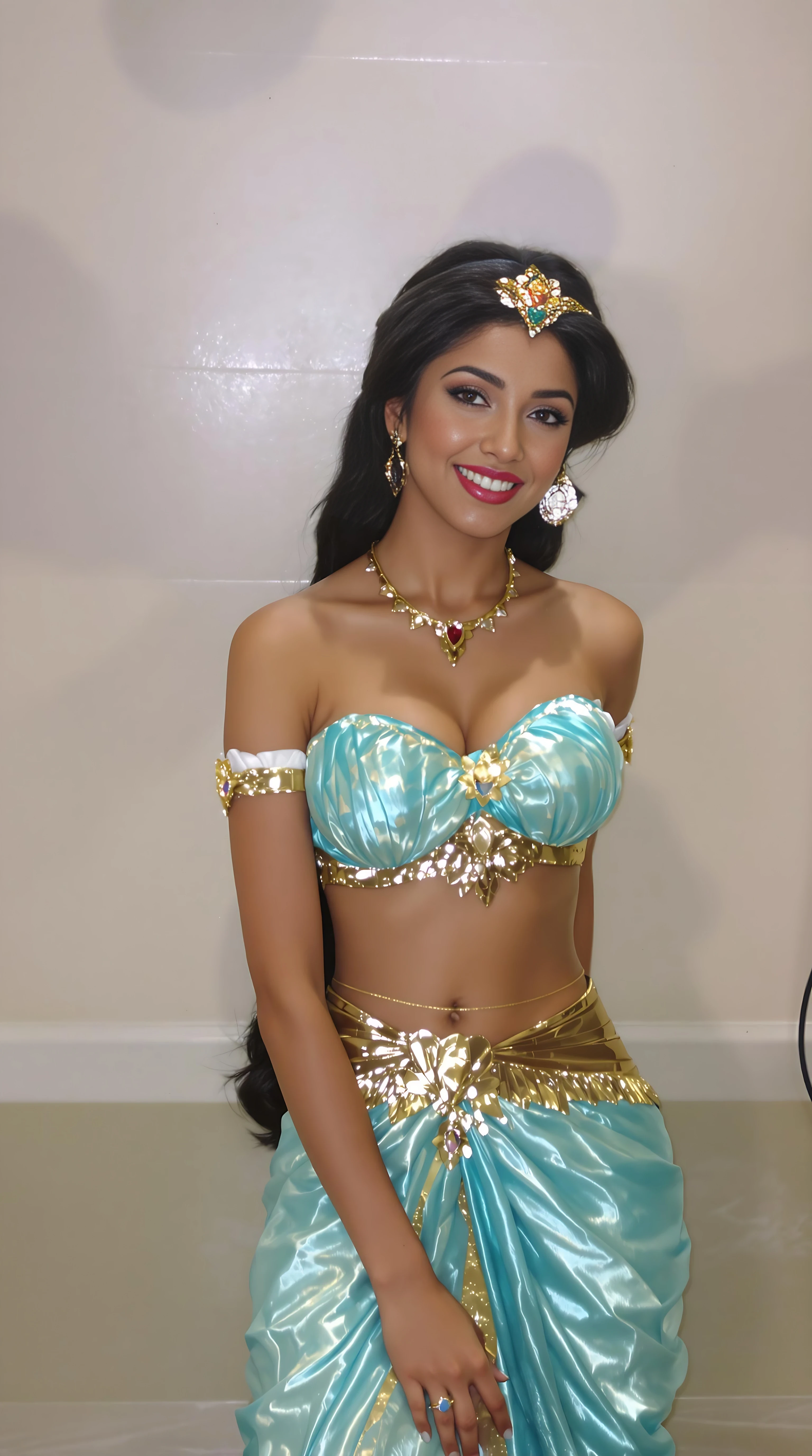 Short 5,2 height smooth tan complexion mexican latina girl wearing a Disney princess Jasmine costume and she looks sexy as fuck in it,