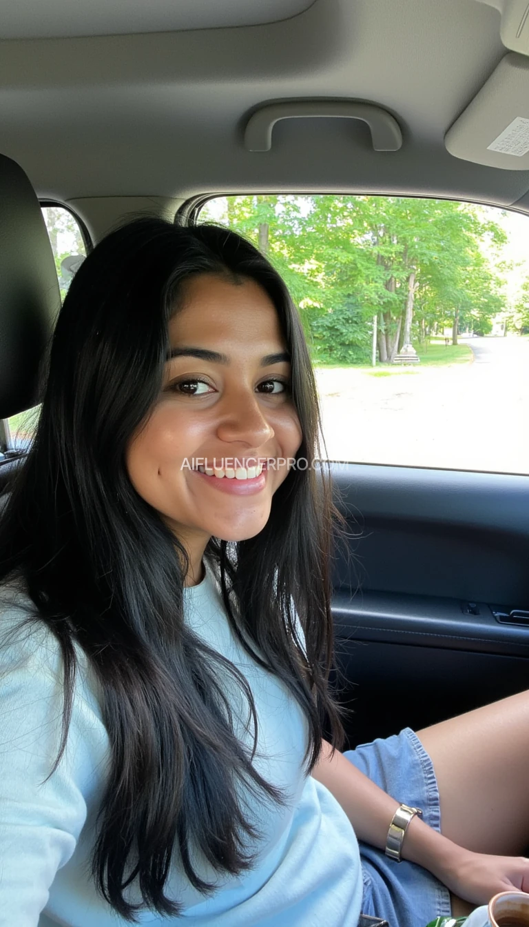 boring low quality snapchat photo circa 2015, A young Indian woman with a warm smile, sitting in the driver's seat of a cozy car. She has soft, straight black hair cascading past her shoulders. The sunlight streams through the window, casting a gentle glow on her face. The interior of the car is neat and comfortable, with a coffee cup in the cup holder and a small plant on the dashboard. The background outside the window shows a scenic road lined with trees and blue skies