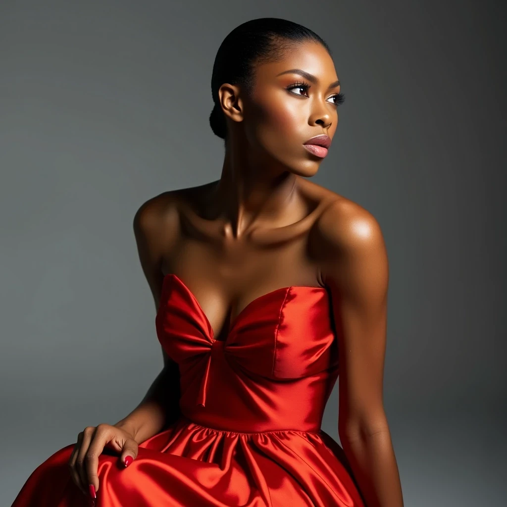 Vogue Cover
Shot on Hasselblad H6D-100c, 80mm f/2.8, ISO 50, 1/125 sec. Medium shot of statuesque supermodel with light olive brown skin, 5'11" height, sculpted cheekbones, and almond-shaped eyes. Wearing Valentino haute couture gown in scarlet silk. Skin texture shows microscopic detail: refined pores, slight golden undertone, ethereal glass-like finish from expert skin prep. Key light: 72-inch Broncolor Para with silk diffusion at f/16, creating luminous wrap-around light that accentuates bone structure. Background: seamless grey at f/22, gradient lighting. Model poses with signature elongated neck, slight profile, channeling Iman's classic stance. CSTMDL