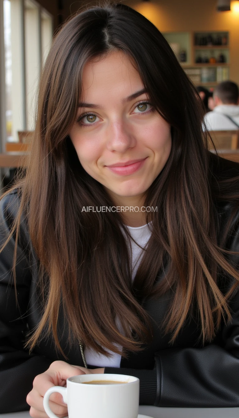 Instagram photo quality, young woman, green eyes, pale skin, dark brown hair around shoulder and shy smile. Casual clothes inside a coffee shop with a cup of coffee next to you on your table.