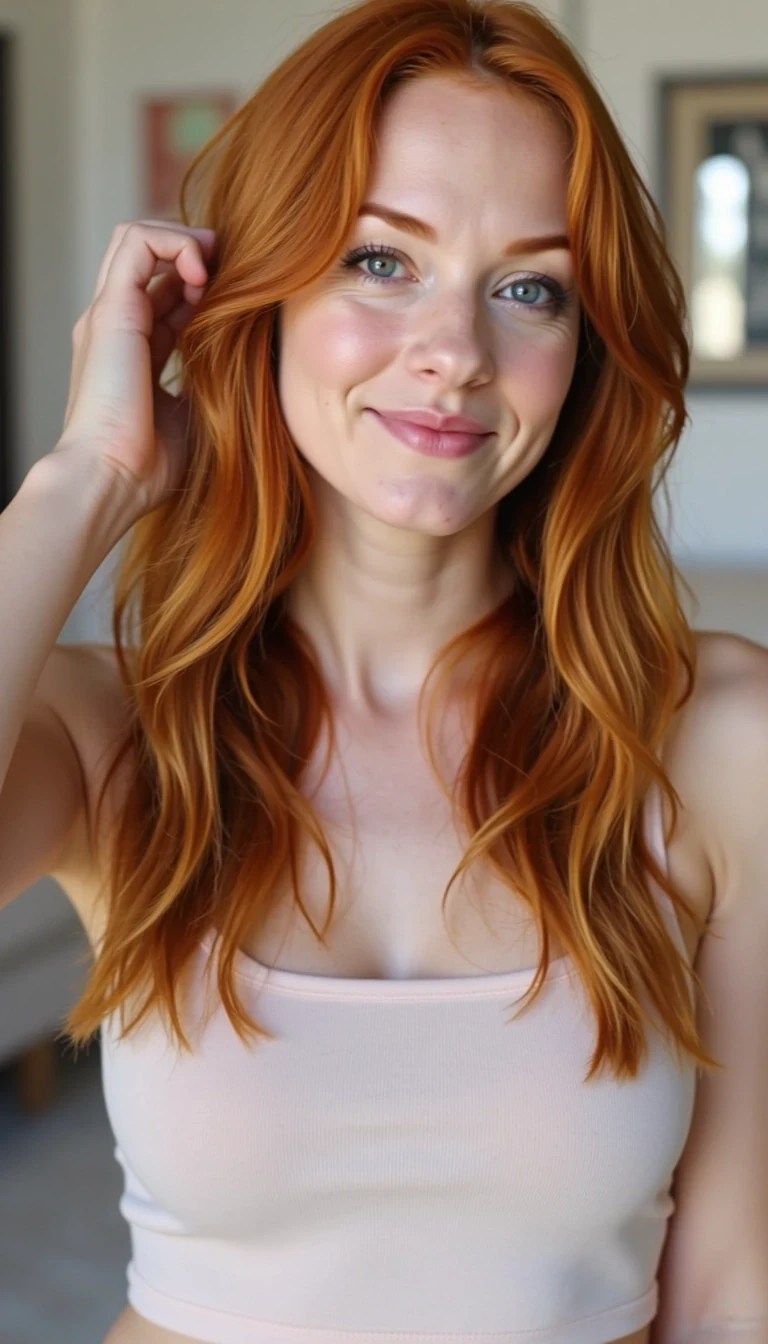 Close up iphone portrait of CSTMDL woman in a white tank top.  Flowing red hair with red eyebrows.  Big Smile her free hand going through her hair.  She is in her house.  Lots of nice furnishings and pictures
