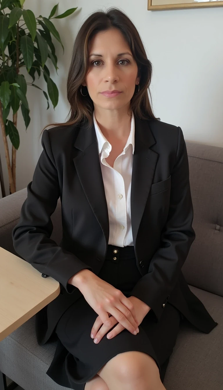 A full body shot photo size 12   professional   Office dress sitting in reception 
  