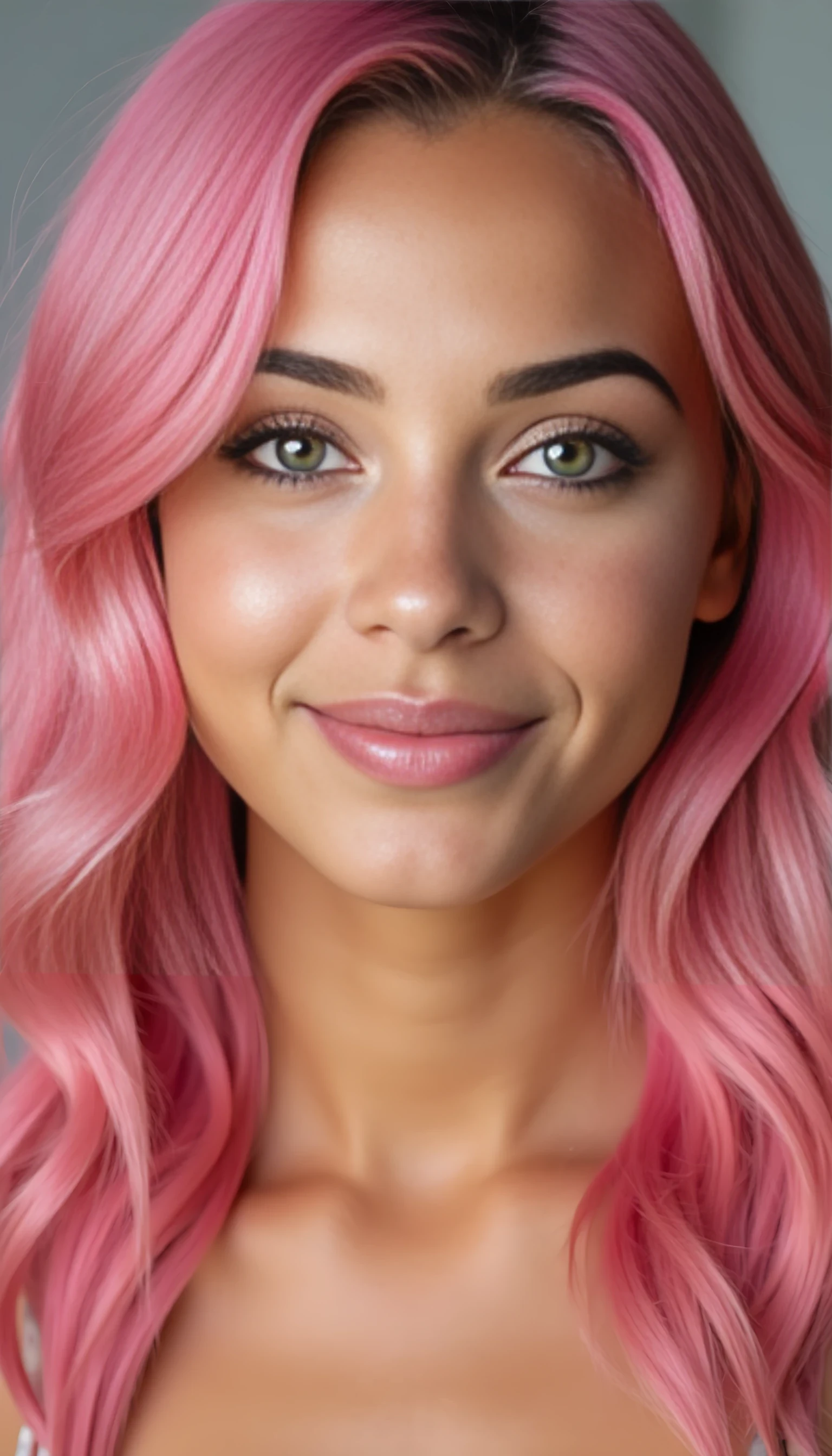 A studio-quality full-face portrait photo of a beautiful 20 years old model, mixed ethnicity of half white American half Brazilian, with pink hair, ultra detailed green eyes with sharp iris reflections, slight smile, high-quality