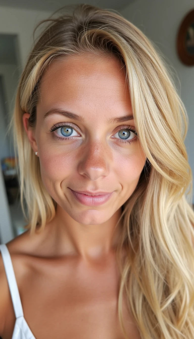 Full shot of CSTMDL, An 18-year-old girl with blonde hair and light blue eyes, lightly tanned skin, extremely detailed skin, clean face, 


