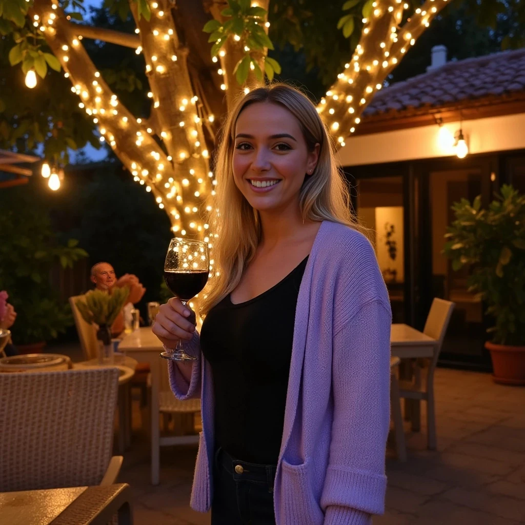A full body shot photo of a woman standing outdoors at a cozy, warmly lit patio in the evening, with soft, glowing lights wrapped around a tree behind them creating a charming atmosphere. The image is rich in detail, with warm tones and clear textures throughout. The woman has fair skin, an athletic build, and long blonde hair, also worn loose. She is smiling warmly at the camera, holding a glass of red wine in her right hand, and wears a soft-textured lavender cardigan over a black top. The background features a large tree with sparkling string lights wrapped around its trunk and branches, adding a magical touch to the scene. The setting suggests a private outdoor seating area, with elements like terracotta-tiled roofing, greenery, and rattan chairs contributing to a serene, inviting vibe. The overall composition is balanced, with the woman framed against the softly glowing tree, and the lighting enhances the warm, intimate feel of a quiet evening shared among friends. The details are vivid, with textures of clothing, skin, and background elements clearly visible, while the warm lighting creates a relaxed and joyful mood
