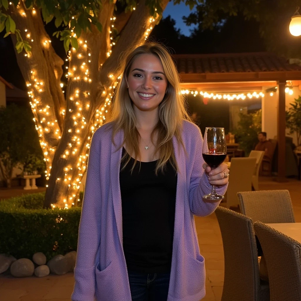 A full body shot photo of a woman standing outdoors at a cozy, warmly lit patio in the evening, with soft, glowing lights wrapped around a tree behind them creating a charming atmosphere. The image is rich in detail, with warm tones and clear textures throughout. The woman has fair skin, an athletic build, and long blonde hair, also worn loose. She is smiling warmly at the camera, holding a glass of red wine in her right hand, and wears a soft-textured lavender cardigan over a black top. The background features a large tree with sparkling string lights wrapped around its trunk and branches, adding a magical touch to the scene. The setting suggests a private outdoor seating area, with elements like terracotta-tiled roofing, greenery, and rattan chairs contributing to a serene, inviting vibe. The overall composition is balanced, with the woman framed against the softly glowing tree, and the lighting enhances the warm, intimate feel of a quiet evening shared among friends. The details are vivid, with textures of clothing, skin, and background elements clearly visible, while the warm lighting creates a relaxed and joyful mood