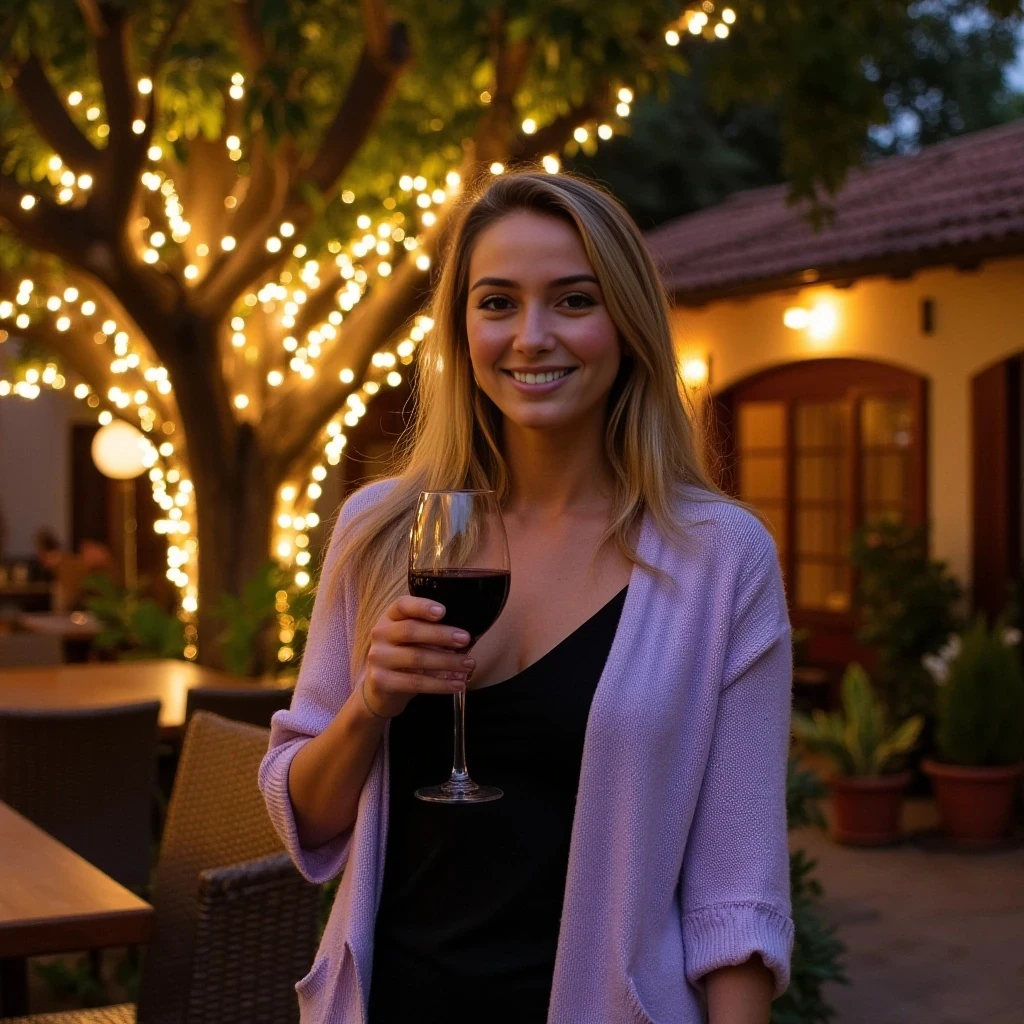 A full body shot photo of a woman standing outdoors at a cozy, warmly lit patio in the evening, with soft, glowing lights wrapped around a tree behind them creating a charming atmosphere. The image is rich in detail, with warm tones and clear textures throughout. The woman has fair skin, an athletic build, and long blonde hair, also worn loose. She is smiling warmly at the camera, holding a glass of red wine in her right hand, and wears a soft-textured lavender cardigan over a black top. The background features a large tree with sparkling string lights wrapped around its trunk and branches, adding a magical touch to the scene. The setting suggests a private outdoor seating area, with elements like terracotta-tiled roofing, greenery, and rattan chairs contributing to a serene, inviting vibe. The overall composition is balanced, with the woman framed against the softly glowing tree, and the lighting enhances the warm, intimate feel of a quiet evening shared among friends. The details are vivid, with textures of clothing, skin, and background elements clearly visible, while the warm lighting creates a relaxed and joyful mood