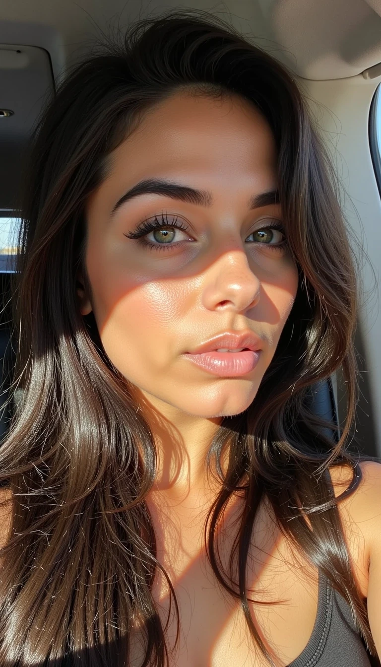 boring low quality Snapchat photo circa 2013, iPhone 4 close-up selfie of CSTMDL, young Mediterranean woman with golden-olive skin, extra-long brunette hair in glossy waves, almond-shaped green eyes framed by lashes, arched brows, sculpted cheekbones, button nose, full nude lips. Skin is textured with visible pores on her cheeks, faint under-eye bags, light oil on her T-zone, and tiny bumps along her jawline. She sits by the oval jet window, daylight casting uneven shadows across her face, overexposed glare washing out her cheek, while the airplane seat leather is faintly visible behind her. The image is pixelated, with washed-out colors and compression smudges on her hair