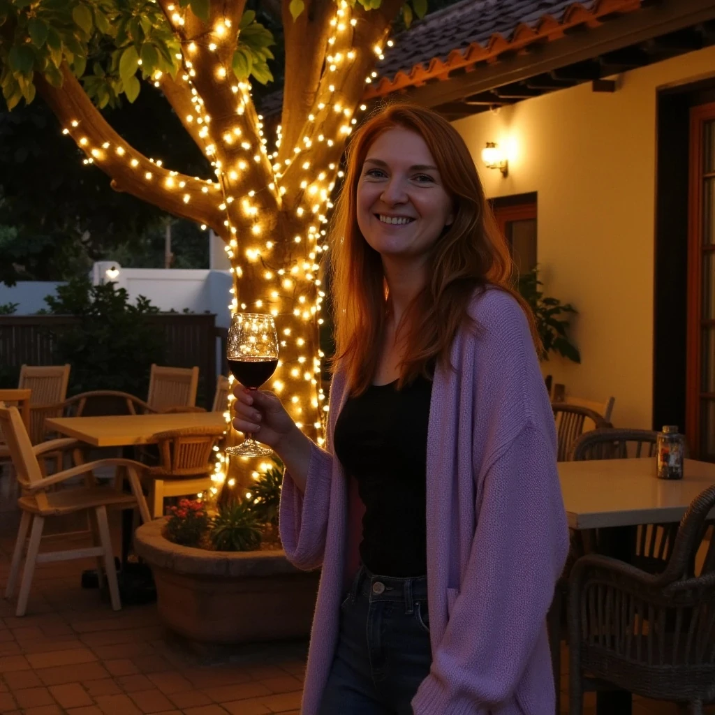 A full body shot photo of a woman standing outdoors at a cozy, warmly lit patio in the evening, with soft, glowing lights wrapped around a tree behind them creating a charming atmosphere. The image is rich in detail, with warm tones and clear textures throughout. The woman has fair skin, a slim build, and long reddish-blonde hair, also worn loose. She is smiling warmly at the camera, holding a glass of red wine in her right hand, and wears a soft-textured lavender cardigan over a black top. The background features a large tree with sparkling string lights wrapped around its trunk and branches, adding a magical touch to the scene. The setting suggests a private outdoor seating area, with elements like terracotta-tiled roofing, greenery, and rattan chairs contributing to a serene, inviting vibe. The overall composition is balanced, with the woman framed against the softly glowing tree, and the lighting enhances the warm, intimate feel of a quiet evening shared among friends. The details are vivid, with textures of clothing, skin, and background elements clearly visible, while the warm lighting creates a relaxed and joyful mood