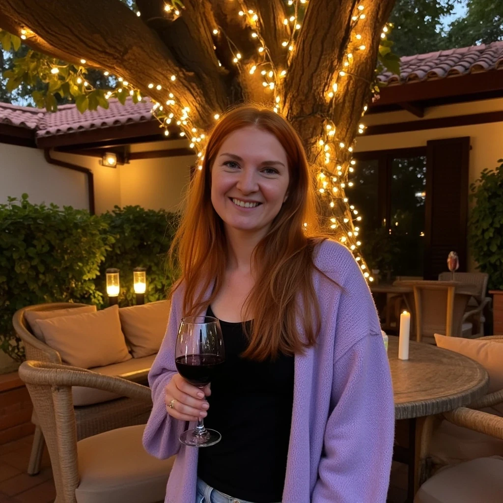 A full body shot photo of a woman standing outdoors at a cozy, warmly lit patio in the evening, with soft, glowing lights wrapped around a tree behind them creating a charming atmosphere. The image is rich in detail, with warm tones and clear textures throughout. The woman has fair skin, a slim build, and long reddish-blonde hair, also worn loose. She is smiling warmly at the camera, holding a glass of red wine in her right hand, and wears a soft-textured lavender cardigan over a black top. The background features a large tree with sparkling string lights wrapped around its trunk and branches, adding a magical touch to the scene. The setting suggests a private outdoor seating area, with elements like terracotta-tiled roofing, greenery, and rattan chairs contributing to a serene, inviting vibe. The overall composition is balanced, with the woman framed against the softly glowing tree, and the lighting enhances the warm, intimate feel of a quiet evening shared among friends. The details are vivid, with textures of clothing, skin, and background elements clearly visible, while the warm lighting creates a relaxed and joyful mood