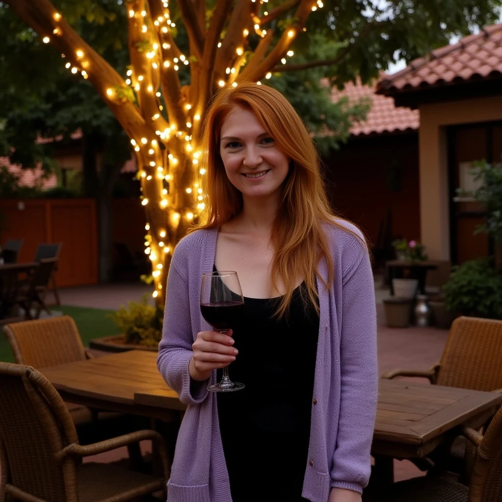 A full body shot photo of a woman standing outdoors at a cozy, warmly lit patio in the evening, with soft, glowing lights wrapped around a tree behind them creating a charming atmosphere. The image is rich in detail, with warm tones and clear textures throughout. The woman has fair skin, a slim build, and long reddish-blonde hair, also worn loose. She is smiling warmly at the camera, holding a glass of red wine in her right hand, and wears a soft-textured lavender cardigan over a black top. The background features a large tree with sparkling string lights wrapped around its trunk and branches, adding a magical touch to the scene. The setting suggests a private outdoor seating area, with elements like terracotta-tiled roofing, greenery, and rattan chairs contributing to a serene, inviting vibe. The overall composition is balanced, with the woman framed against the softly glowing tree, and the lighting enhances the warm, intimate feel of a quiet evening shared among friends. The details are vivid, with textures of clothing, skin, and background elements clearly visible, while the warm lighting creates a relaxed and joyful mood