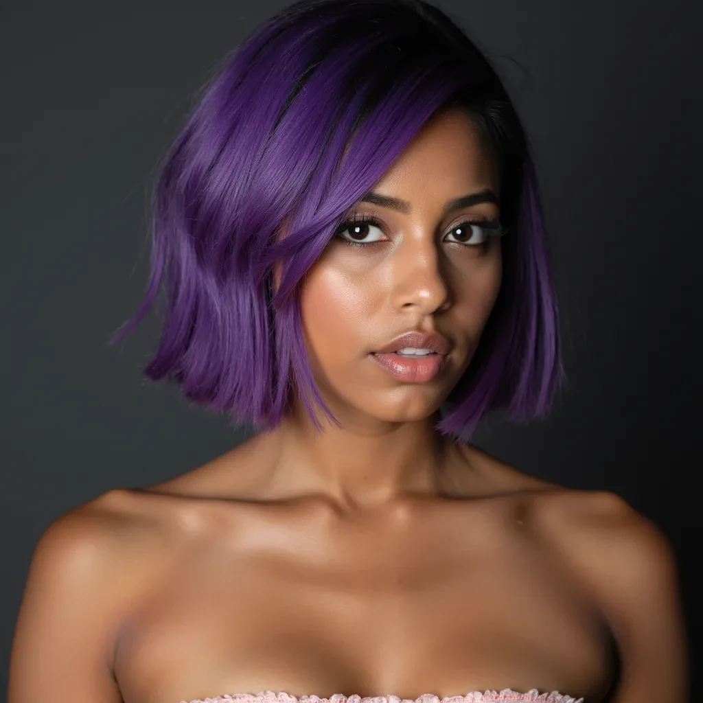 portrait of young canada born indian, purple short hairs, breast size 38d, hips size 36d, eyelashes, eye shadow, eye liner, 