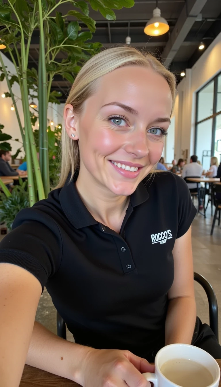 CSTMDL, Hailey, photorealistic portrait of a young woman in her early 20s with fair porcelain skin, smooth complexion, subtle natural makeup with soft pink lips and light eyeliner, straight blonde hair tied back in a neat ponytail, bright blue eyes sparkling with warmth, friendly genuine smile revealing straight white teeth, confident and approachable demeanor, posing for a selfie gazing directly at the viewer with engaging eye contact, drinking a cup of coffee; she is wearing a fitted black short-sleeved polo shirt with a small embroidered logo on the chest reading "Rocco's Tacos" in white lettering, tucked into slim black pants, no visible accessories; set in a modern upscale cafe interior with high ceilings, large floor-to-ceiling windows allowing soft diffused natural daylight to flood in from the right side, creating gentle highlights and soft shadows on her face and clothing, warm ambient hanging pendant lights with golden glow in the background; background details include a tall green potted plant with broad leaves to the left, patrons seated at wooden tables; dominant colors are neutral blacks and grays with pops of green foliage, warm wood tones, and red accents from the food; overall welcoming and lively casual dining atmosphere, evoking freshness; composition is a medium close-up shot from a slight low angle to emphasize approachability, framed centrally with balanced symmetry, captured with a Canon EOS 5D Mark IV camera using a 50mm prime lens at f/2.8 aperture for shallow depth of field, ISO 100 for crisp details, natural window afternoon lighting supplemented by soft indoor LEDs at 4000K color temperature, hyper-realistic textures like the soft cotton weave of the polo shirt, and smooth skin pores; ultra-detailed, hyperrealism, photorealistic rendering indistinguishable from a high-resolution photograph, 8k resolution, sharp focus on the woman and plate with bokeh background.