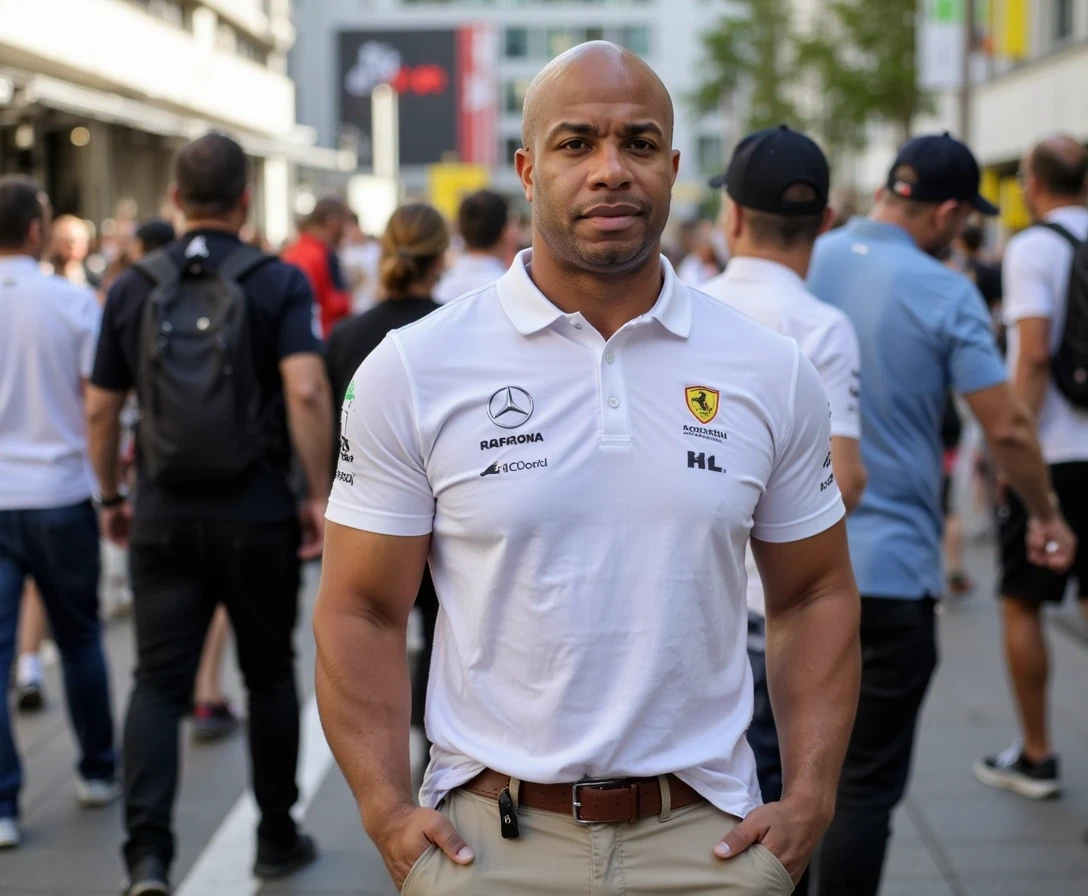 F1 Paddock , t shirt and khakis,  same face of Carter with bald head, lean look, cstmdl