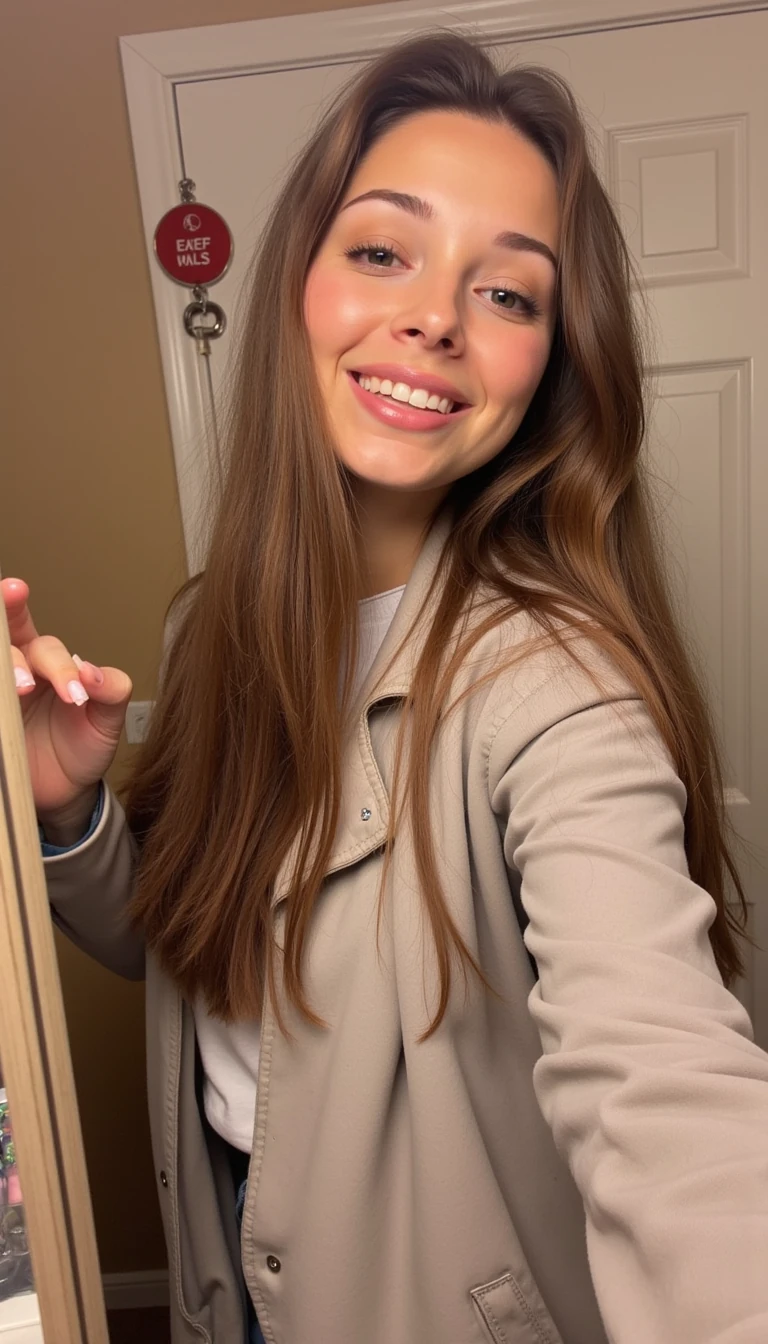 boring low quality snapchat photo circa 2015, cute woman, soft light brown hair, full outfit