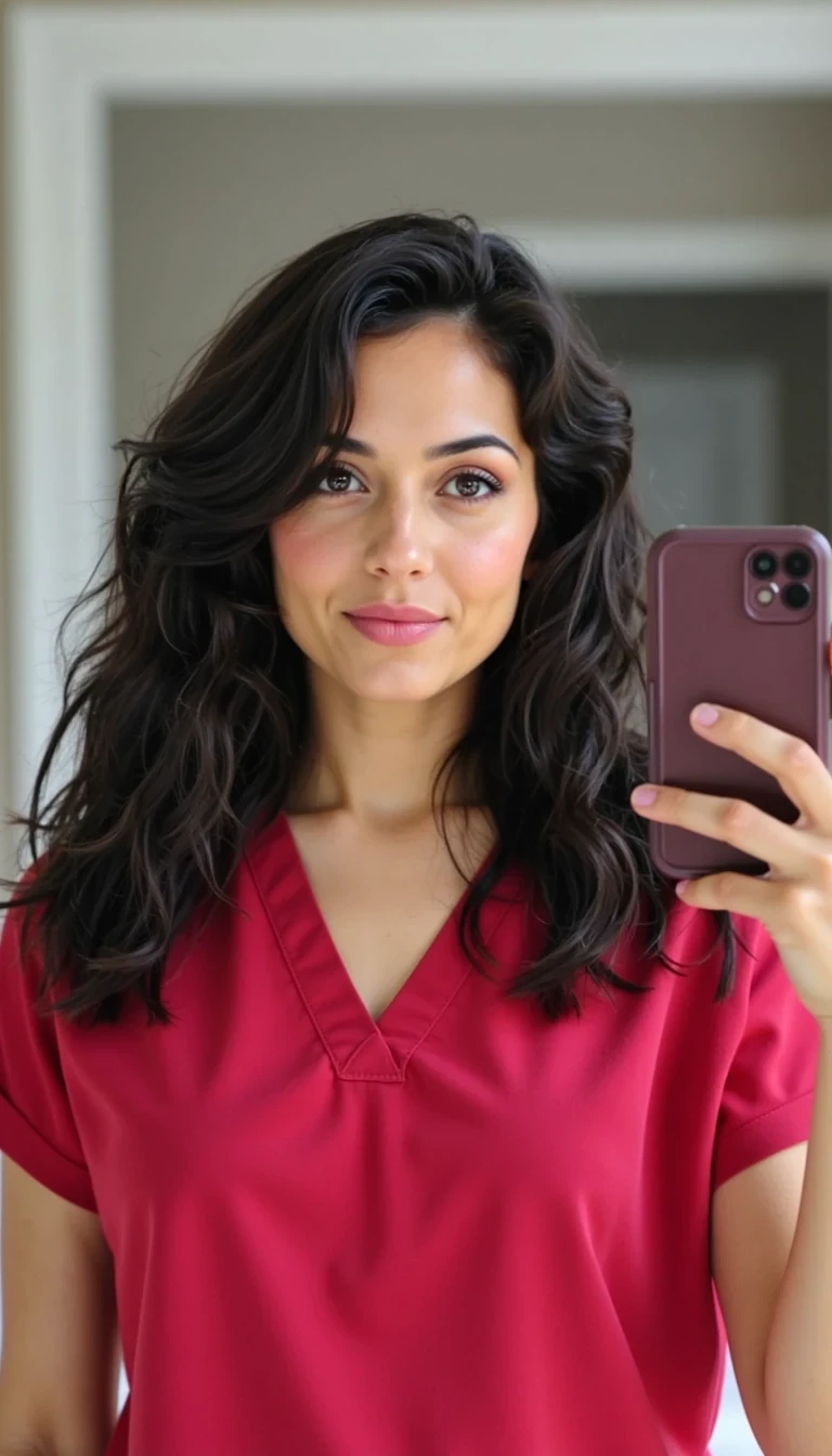 Woman with long curly black hair      wearing red nursing scrubs taking a selfie in mirror while looking in mirror