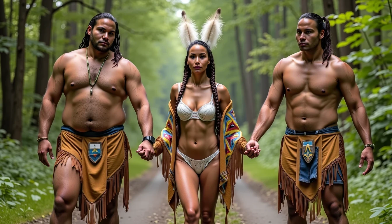photo of woman CSTMDL, a selfie photo of, a slim woman, her full body is in the scene, she has a slender petite build with petite small boobs and a flat chest, she has small dark skin nipples with long pointy nipple ducts and small dark skinned areolas, her hair is styled with two long braids she has eagle plumes in her hair, she is not wearing earrings, she is wearing daisy duke denim booty shorts, she is wearing a native American style vest in a golden yellow color over top of her underwear, she is holding her vest open exposing her strapless bra, her bra is a strapless white lace bra, she is wearing white lace panties, she is wearing ankle height smoked hide moccasins, natural lighting, natural light, amateur photography, shot on an iPhone, she is spread out like a starfish by two native American giants with her legs spread wide apart in a densely wooded forest, she is maintaining intense eye contact with the camera, two fat giant native American man standing up directly on either side of her holding onto her by her wrists and ankles, the men have her suspended in the air between them public setting, Hyper realism, 16k, uhd, ultra-sharp focus, perfect meshes and textures, highly detailed, highly accurate reflections, natural lighting, natural light, amateur photography,