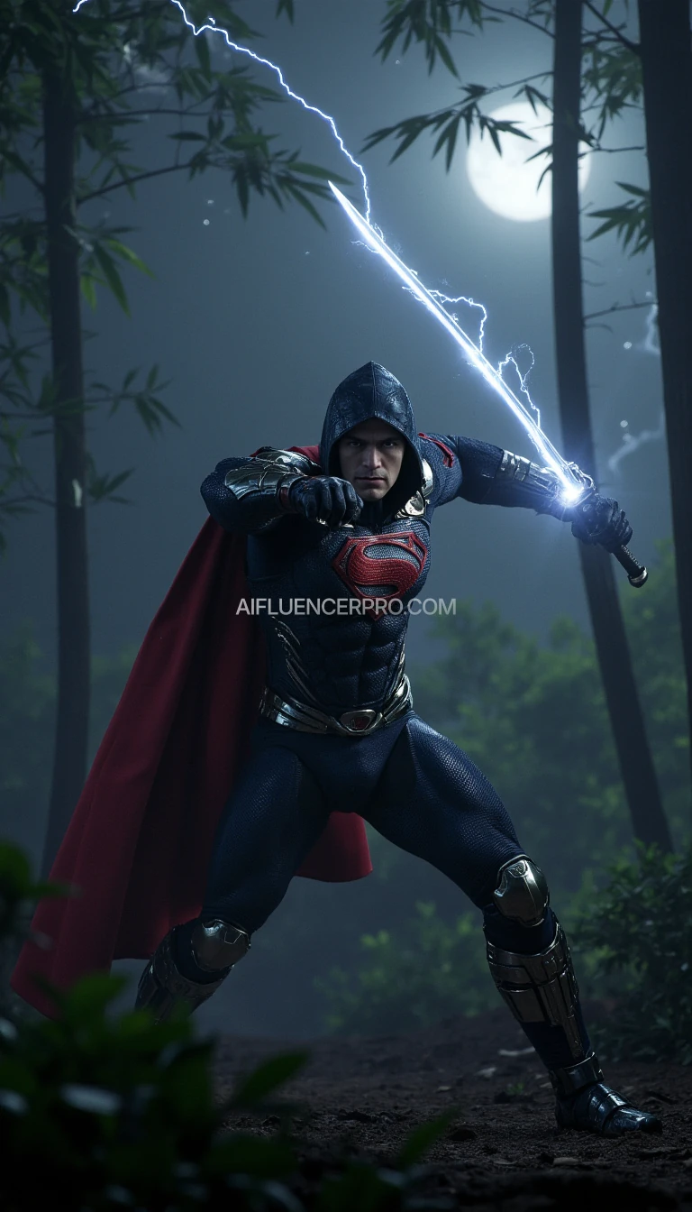 A photorealistic Superman wearing a modified ninja-inspired suit, poised to strike in an aggressive attacking pose. The suit is sleek and metallic, seamlessly merging robotic elements with armor plating. He dons a traditional ninja hooded cloak, enhancing his aura of precision and strength. In his hand, he wields an electrifying katana. The iconic 'S' symbol on his chest. The scene is set in a misty bamboo forest at night, where moonlight pierces through the dense foliage, casting sharp contrasts of light and shadow. A distant thunderstorm flashes faint lightning in the horizon, adding to the high-stakes, cinematic atmosphere. Superman lunges forward, his cape rippling as he becomes a striking figure in this otherworldly, dramatic setting.