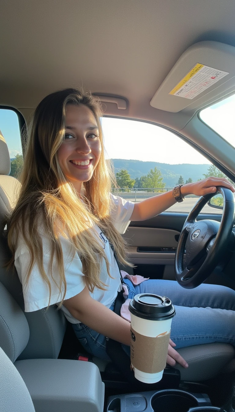 boring low quality snapchat photo circa 2015, CSTMDL A young woman with a warm smile, sitting in the driver's seat of a cozy car. She has soft, long wavy blonde hair. The sunlight streams through the window, casting a gentle glow on her face. The interior of the car is neat and comfortable, with a coffee cup in the cup holder and a small plant on the dashboard. The background outside the window shows a scenic road lined with trees and blue skies