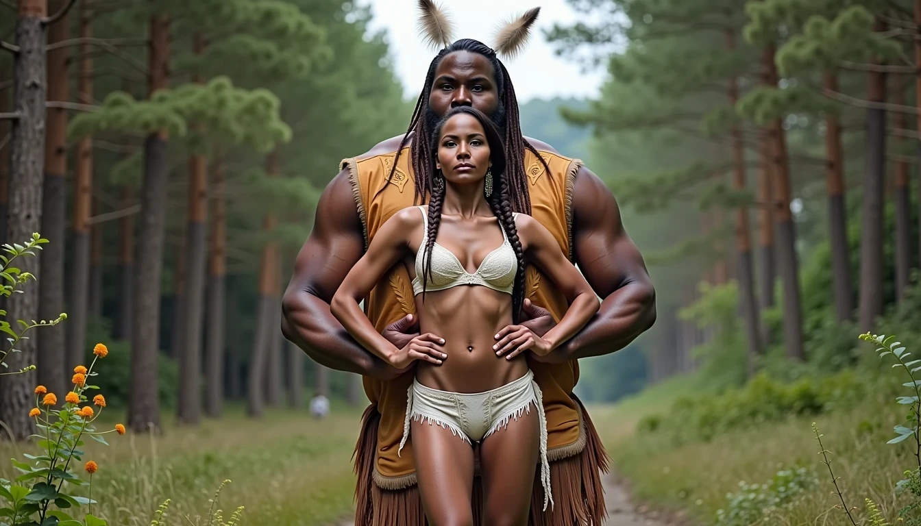 photo of woman CSTMDL, a medium shot photo of, a slim woman, her full body is in the scene, she has a slender petite build with petite small boobs and a flat chest, she has small dark skin nipples with long pointy nipple ducts and small dark skinned areolas, her hair is styled with two long braids she has eagle plumes in her hair, she is not wearing earrings, she is wearing daisy duke denim booty shorts, she is wearing a native American style vest in a golden yellow color over top of her underwear, her vest is open exposing her strapless bra, her bra is a strapless white lace bra, she is wearing white lace panties, she is wearing ankle height smoked hide moccasins, natural lighting, natural light, amateur photography, shot on an iPhone, she is standing with her legs spread wide apart in a densely wooded forest, she is maintaining intense eye contact with the camera, there is a giant native American fat man three times her height kneeling directly behind her holding onto gripping the woman's waistline, the man is holding her in front of him, the man is a real giant three times the height of an average male, public setting, Hyper realism, ultra-sharp focus, highly detailed, natural lighting, natural light, amateur photography,