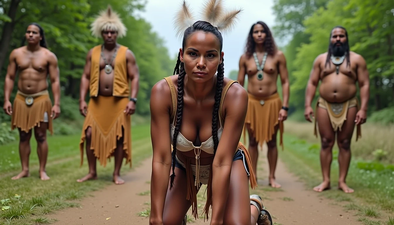 photo of woman CSTMDL, a medium shot photo of, a slim woman, her full body is in the scene, she has a slender petite build with petite small boobs and a flat chest, she has small dark skin nipples with long pointy nipple ducts and small dark skinned areolas, her hair is styled with two long braids she has eagle plumes in her hair, she is not wearing earrings, she is wearing daisy duke denim booty shorts, she is wearing a native American style vest in a golden yellow color over top of her underwear, she is holding her vest open exposing her strapless bra, her bra is a strapless white lace bra, she is wearing a fringe breechcloth in a golden yellow color, she is wearing ankle height smoked hide moccasins, natural lighting, natural light, amateur photography, shot on an iPhone, she is posing bent over on all fours on the ground with her legs spread wide apart in a wooded area in front of a fat obese native American man, she is maintaining intense eye contact with the camera, a fat obese native American man is directly behind her while three other fat obese native American men form a lineup behind one another, public setting, Hyper realism, 16k, uhd, ultra-sharp focus, perfect meshes and textures, highly detailed, highly accurate reflections, natural lighting, natural light, amateur photography, 
