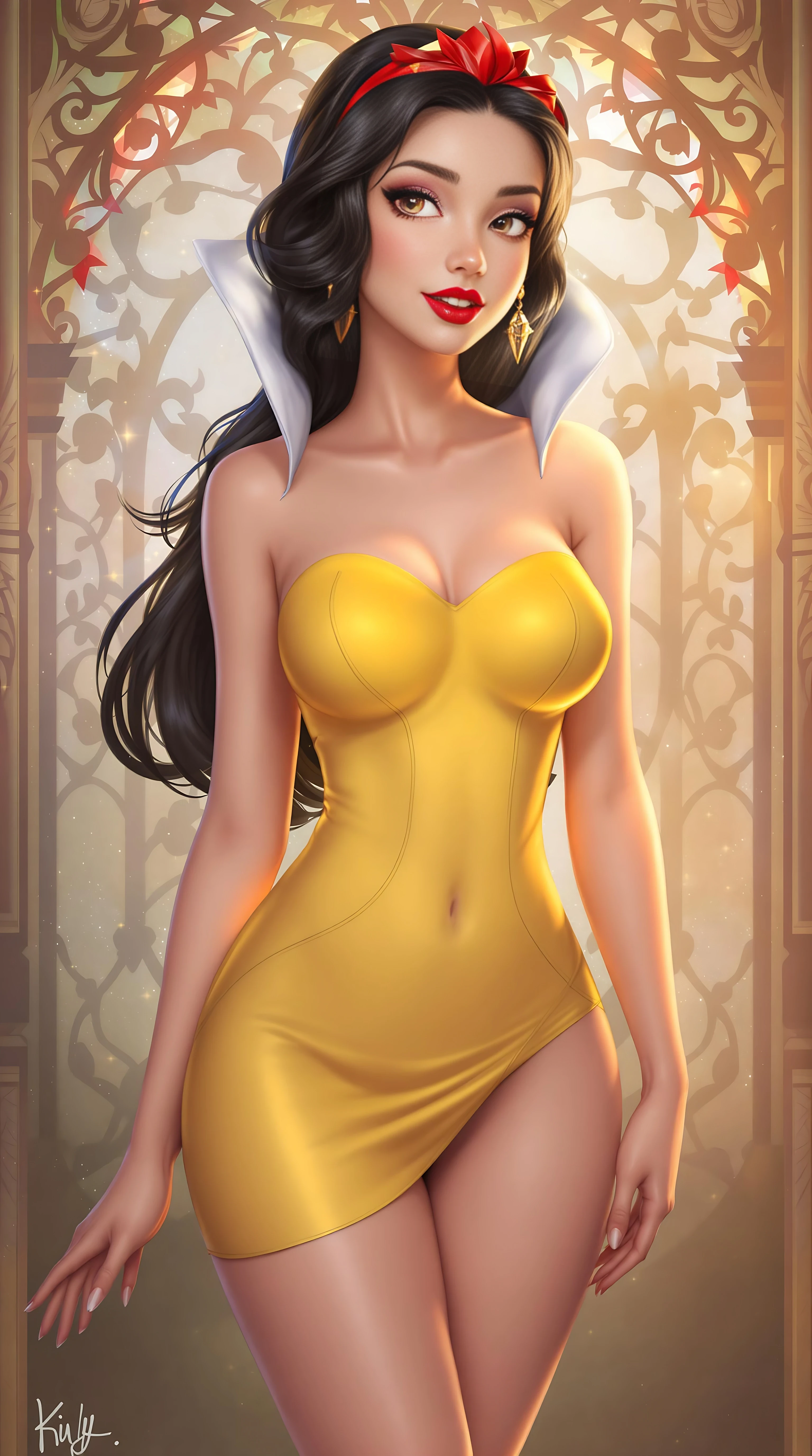 Digital ai art illustration, A modern Disney princess snow white, shes wearing a skin-tight strapless backless top and a skin-tight short micro tube short skirt, flat stomach, full glossy lips, 