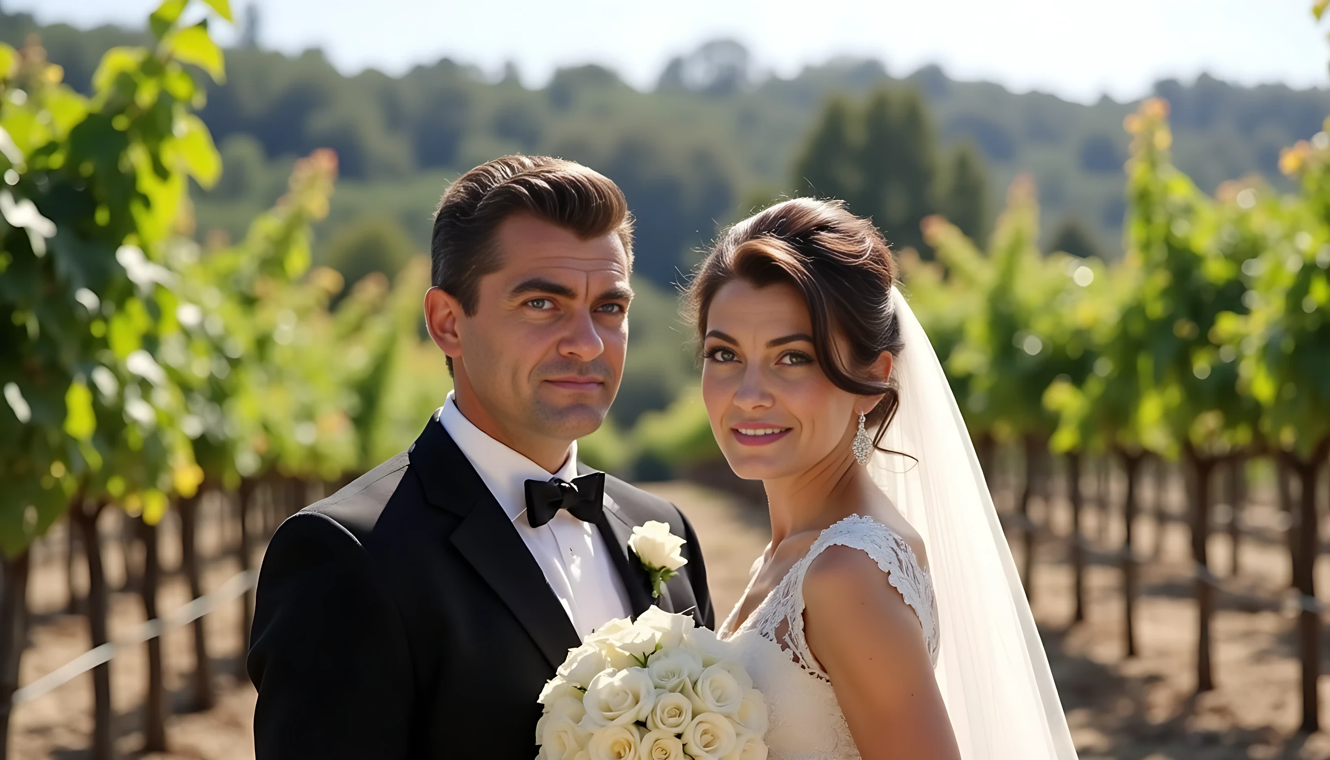 8K ultra detailed photography. The photo is a wedding photography of a 25 years old man CSTMDL, and is beautiful french brunette girl. Scene is in 2002. He's smiling, short black hair. He wears a wedding tuxedo. Scene is set in the middle of a wineyard