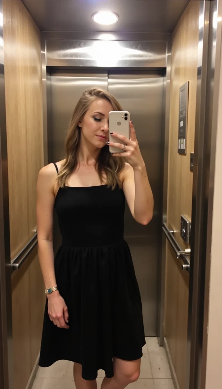 boring low quality snapchat photo circa 2015, cute woman CSTMDL, selfie in front miroir with black dress in elevator