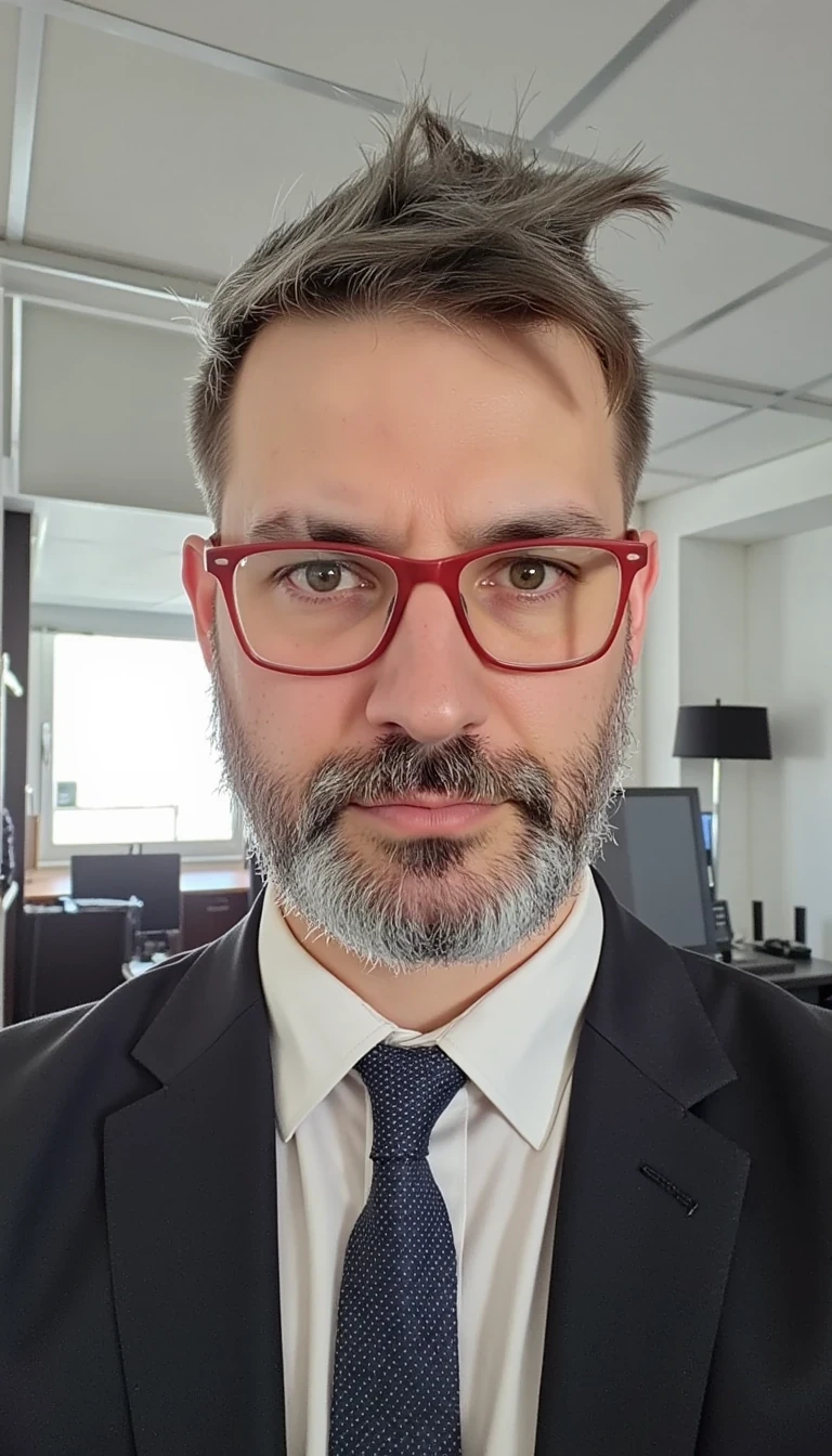 The face are not similar to the model i train... make him more realistic and similar. Businessman, He is wearing a suit and modern red Ray-Ban reading glasses. Slim but muscular build. He is facing the camera directly, as if posing for a LinkedIn profile picture.