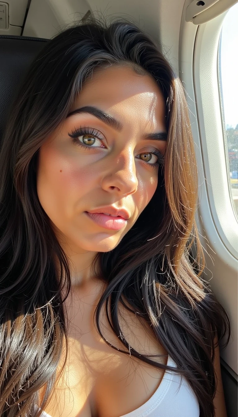 boring low quality Snapchat photo circa 2013, iPhone 4 close-up selfie of CSTMDL, young Mediterranean woman with golden-olive skin, extra-long brunette hair in glossy waves, almond-shaped green eyes framed by lashes, arched brows, sculpted cheekbones, button nose, full nude lips. Skin is textured with visible pores on her cheeks, faint under-eye bags, light oil on her T-zone, and tiny bumps along her jawline. She sits by the oval jet window, daylight casting uneven shadows across her face, overexposed glare washing out her cheek, while the airplane seat leather is faintly visible behind her. The image is pixelated, with washed-out colors and compression smudges on her hair