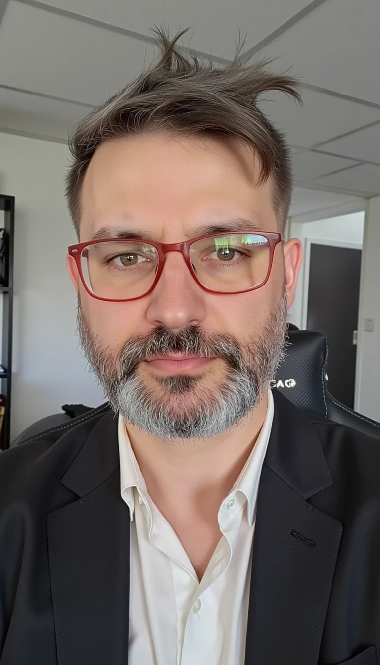 The face are not similar to the model i train... make him more realistic and similar. Businessman, He is wearing a suit and modern red Ray-Ban reading glasses. Slim but muscular build. He is facing the camera directly, as if posing for a LinkedIn profile picture. He looks like a CEO of a huge corporation with tshirt open. He has a mischievous smile, like that of a model posing, with a confident and subtly seductive gaze.