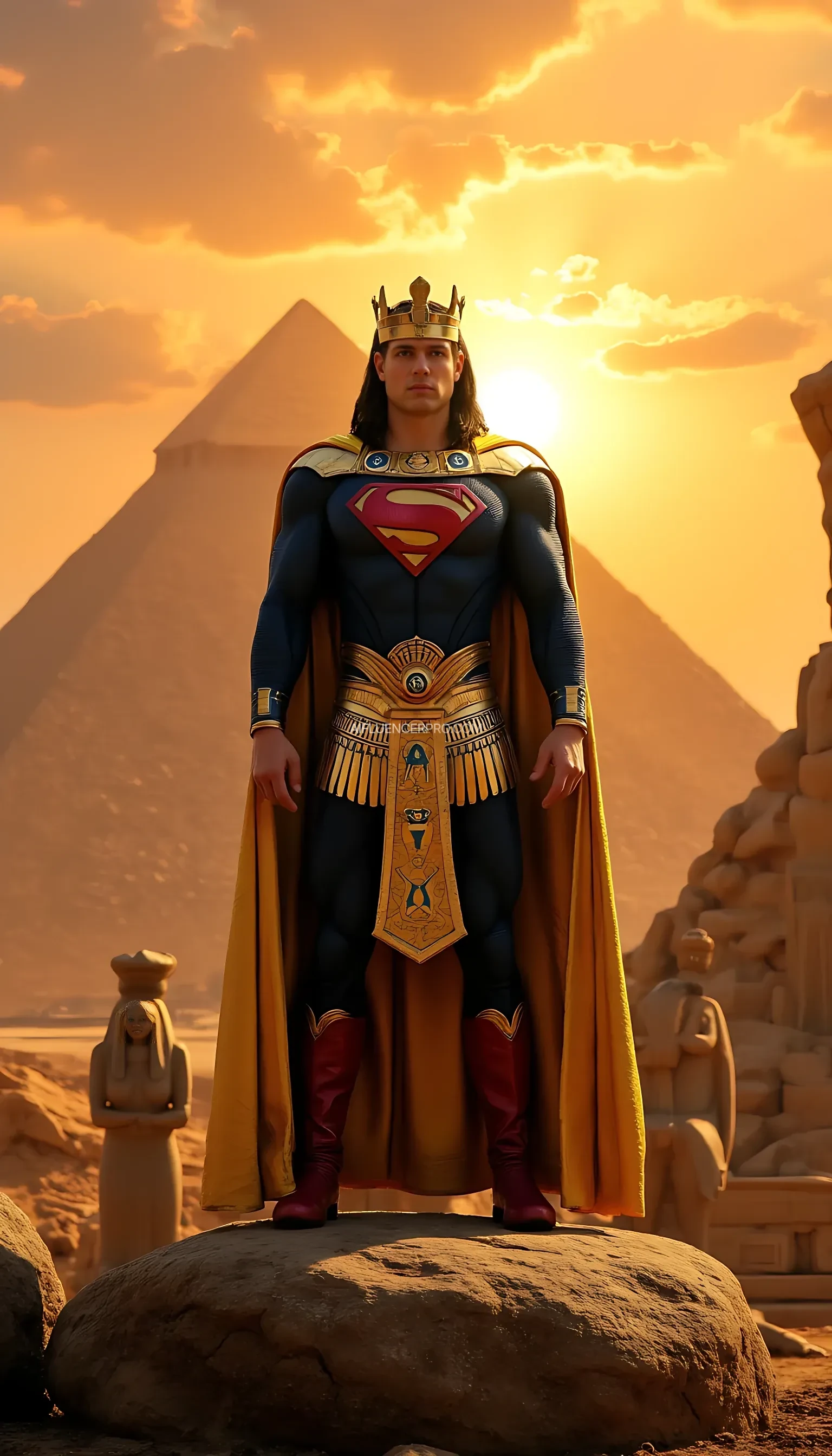 Superman with a costume modified in the style of ancient Egypt, wearing a golden cape adorned with hieroglyphs, a chest plate with an 'S' symbol designed to resemble the sun god Ra, and a pharaoh-style crown. The background features majestic pyramids illuminated by the setting sun, with a golden-orange sky. The scene depicts Superman standing firmly on a large stone, surrounded by ancient artifacts and statues of Egyptian gods. Cinematic style, highly detailed, with dramatic lighting.