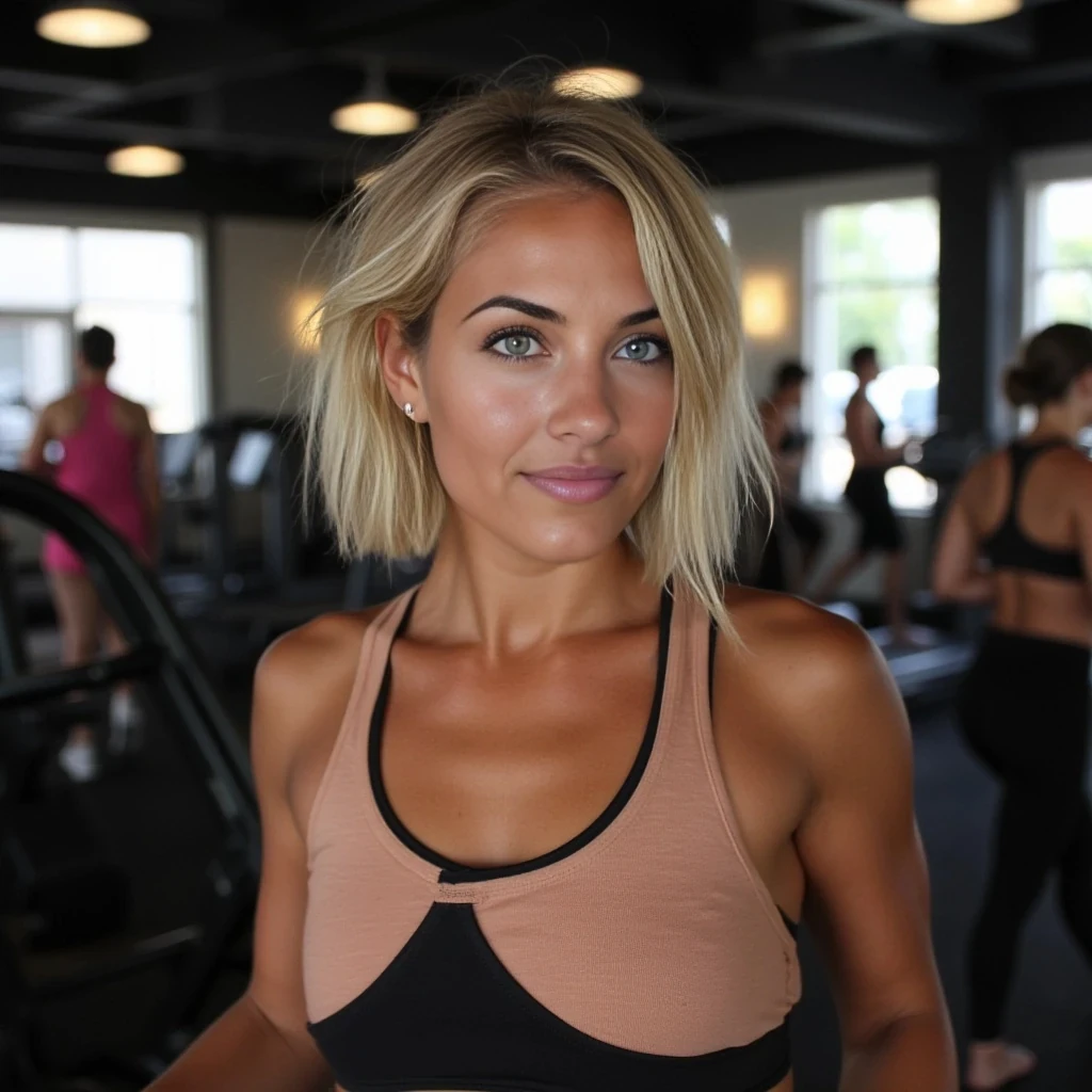 Portraits of a young woman in her late twenties with short blonde wavy hair and green eyes. Athletic, toned and tanned. Working out in a gym with other gym goers. 