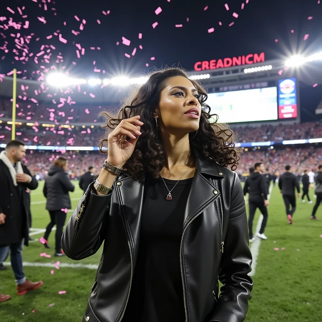 Victory Celebration
Shot on Leica Q3, 28mm f/1.7, ISO 4000, 1/200 sec. Model reacting to game-winning shot, genuine emotion. Designer game-day outfit: Alexander Wang leather, Cartier accessories. Stadium confetti falling, crowd excitement. Multiple light sources creating dynamic atmosphere. Background: Scoreboard, celebrating team, VIP guests.
 CSTMDL