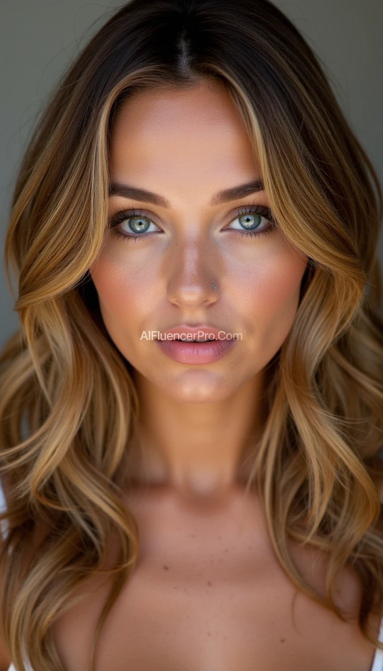 A stunning 20-year-old British woman with captivating blue eyes, high cheekbones, and full lips. She exudes Hollywood-level beauty and confidence, reminiscent of an A-list actress or pop star. Her golden-brown wavy hair cascades over her shoulders, styled in a glamorous yet effortlessly chic manner. Her skin is flawless, glowing with a soft radiance. She wears subtle yet elegant makeup that enhances her natural beauty, with a touch of smoky eyeshadow and a nude glossy lip getting fucked