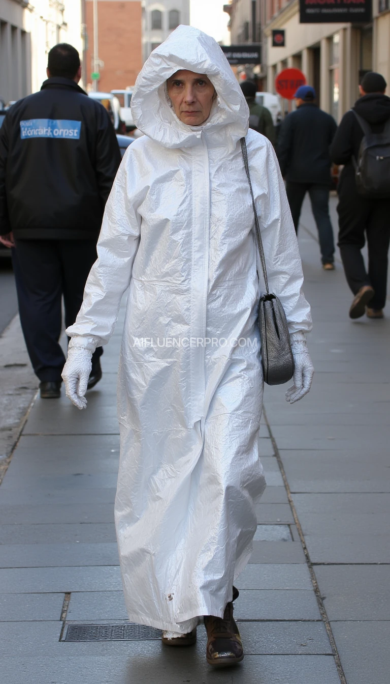 a white homeless woman who is only covered using transparent foil. Walking down the streets