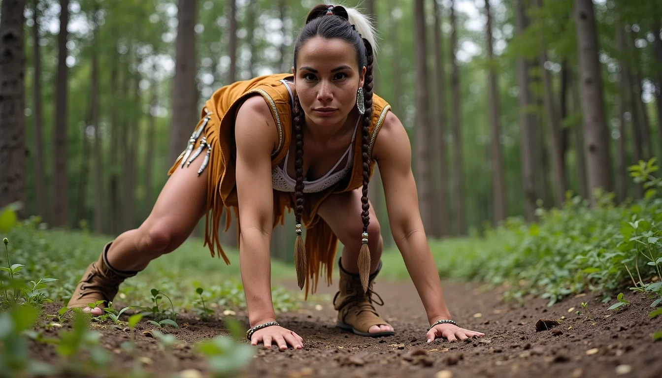 photo of woman CSTMDL, a selfie photo of, a slim woman, her full body is in the scene, she has a slender petite build with petite small boobs and a flat chest, she has small dark skin nipples with long pointy nipple ducts and small dark skinned areolas, her hair is styled with two long braids she has eagle plumes in her hair, she is not wearing earrings, she is wearing daisy duke denim booty shorts, she is wearing a native American style vest in a golden yellow color over top of her underwear, she is holding her vest open exposing her strapless bra, her bra is a strapless white lace bra, she is wearing white lace panties, she is wearing ankle height smoked hide moccasins, natural lighting, natural light, amateur photography, shot on an iPhone, she is bent over on all fours on the ground with her legs spread wide apart in a densely wooded forest in front of a fat giant native American man, she is maintaining intense eye contact with the camera, a fat giant native American man is directly beside her holding onto her booty, public setting, Hyper realism, 16k, uhd, ultra-sharp focus, perfect meshes and textures, highly detailed, highly accurate reflections, natural lighting, natural light, amateur photography,