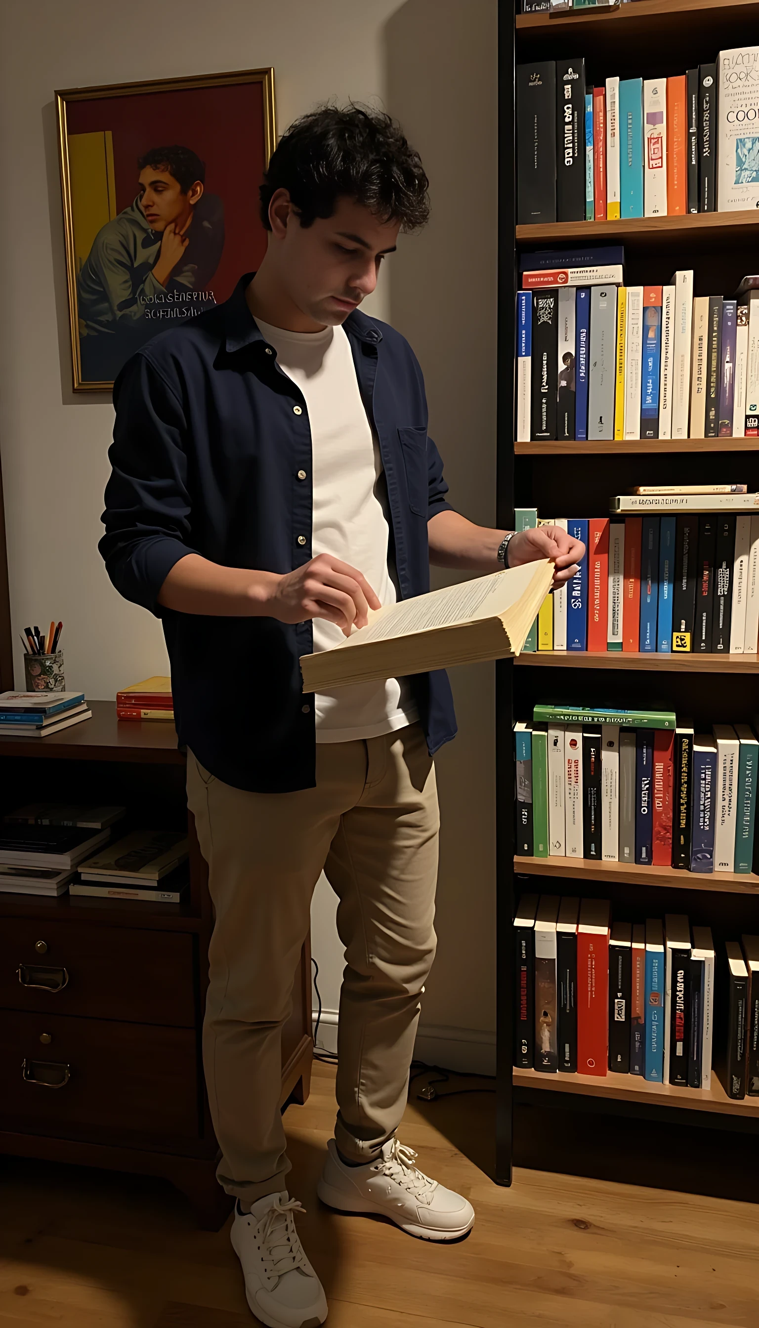 CSTMDL handsome 20 year old man A man browsing books in a cozy bookstore, wearing an open overshirt layered over a basic tee, relaxed trousers, clean sneakers, one hand flipping through a book, hyper-realistic interior lighting, warm tones, quiet and intellectual casual setting