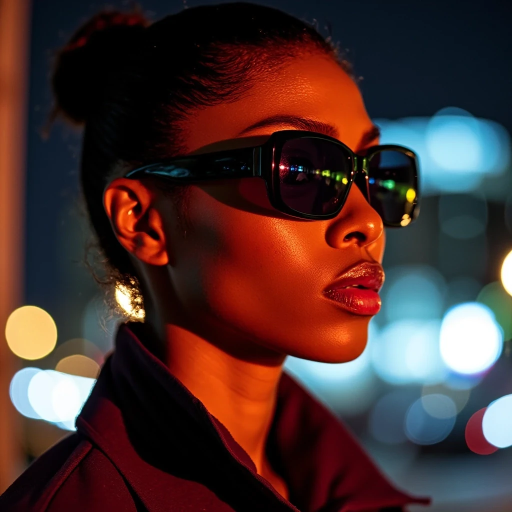 endi Sunglasses Launch
Shot on Canon R3, 50mm f/1.2, ISO 400, 1/200 sec. Extreme close-up profile. Oversized geometric sunglasses on model's sculptural features. Light olive brown skin with glowing highlight on cheekbones. Mixed lighting: Main beauty dish + colored gels for futuristic effect. Background: Motion-blurred city lights.

 CSTMDL