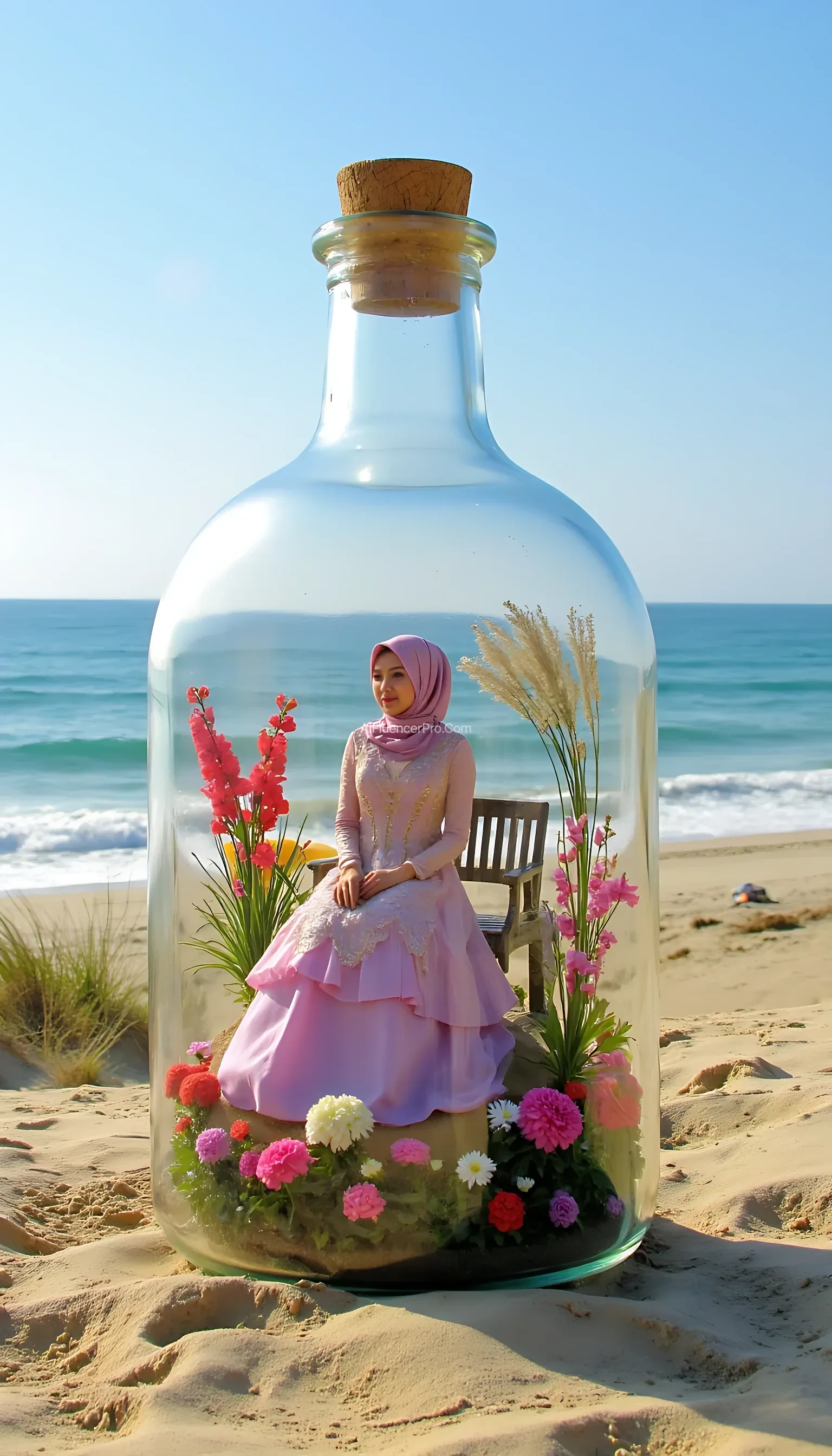 A beautiful woman wearing a hijab and an elegant princess-style gown sits gracefully on a bench in a flower garden filled with vibrant blooms. The entire garden is enclosed within a large glass bottle, creating a captivating miniature effect. The background features a beach with clear skies and gentle waves, evoking a magical and serene atmosphere.