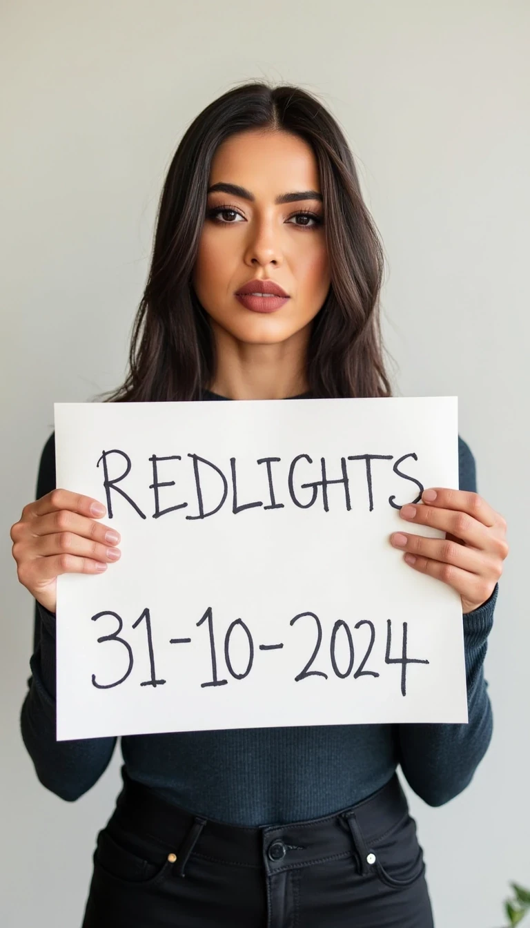 photo of woman CSTMDL,   woman holds a sign with handwritten text. She is wearing long sleeves and has neutral makeup. The sign reads "REDLIGHTS" followed by "31/10/2024" in a simple script. The background is a plain, light-colored wall, 