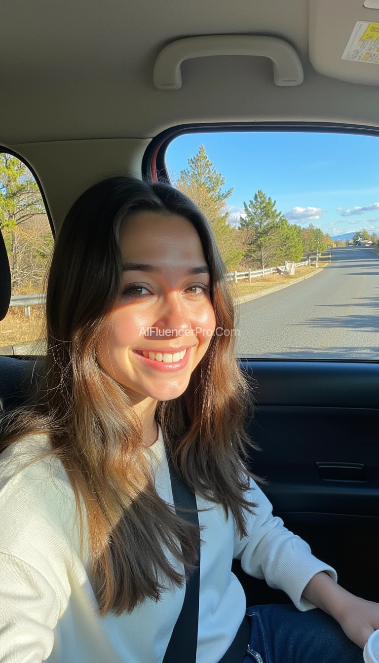 boring low quality snapchat photo circa 2015, A young woman with a warm smile, sitting in the driver's seat of a cozy car. She has soft, wavy brown hair cascading past her shoulders. The sunlight streams through the window, casting a gentle glow on her face. The interior of the car is neat and comfortable, with a coffee cup in the cup holder and a small plant on the dashboard. The background outside the window shows a scenic road lined with trees and blue skies
