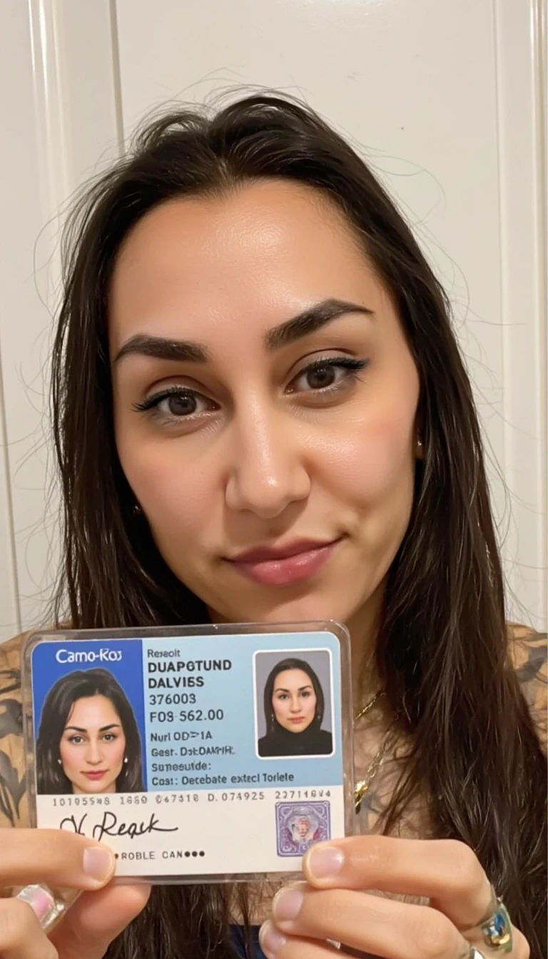 photo of woman CSTMDL, holding an driver license id and piece of white paper behind the id, wall background, natural lighting, boring low quality snapchat photo circa 2015, selfie, cute woman 