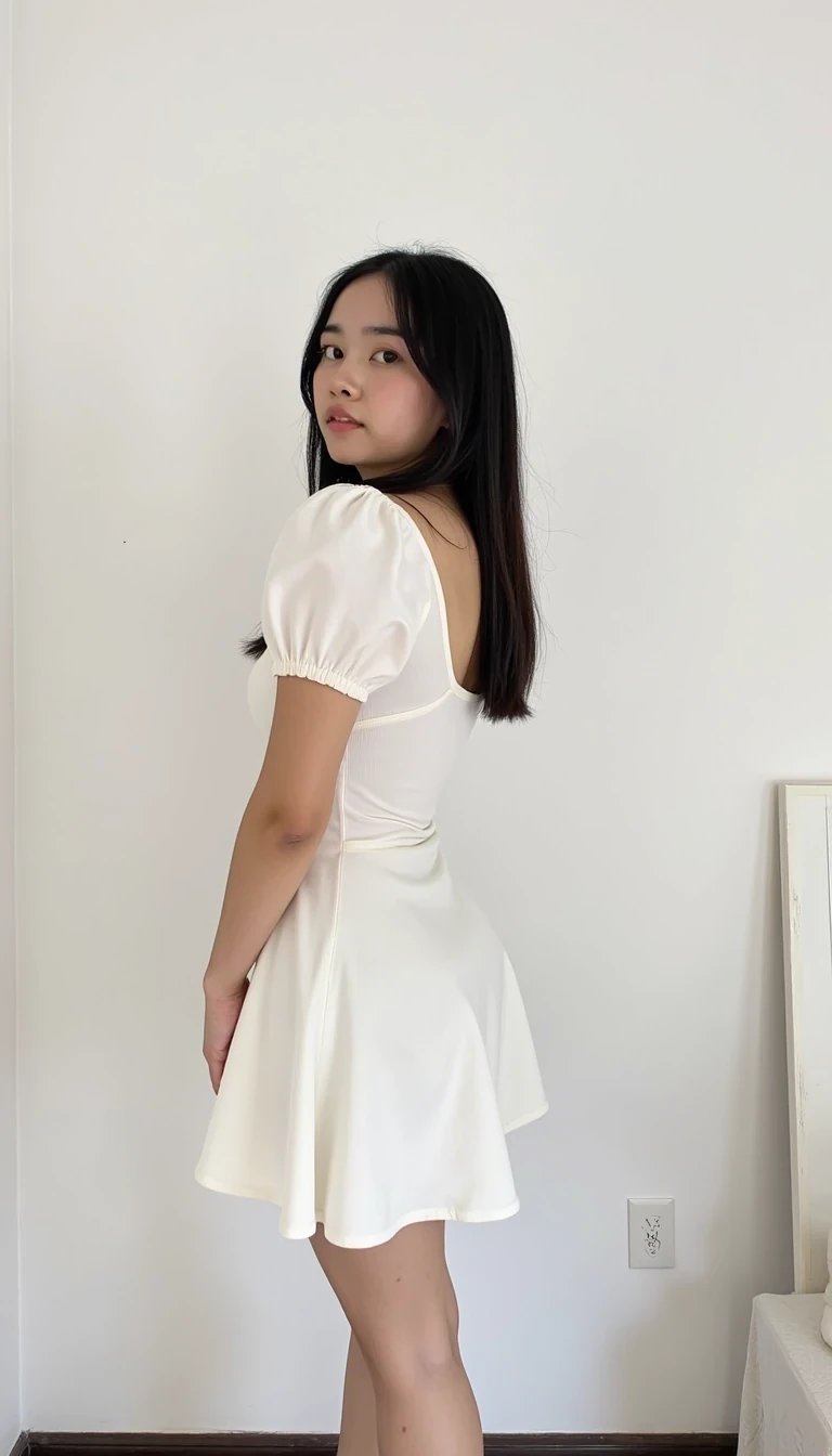 CSTMDL standing in front of a white wall wearing a cute short white dress. Picture from the ankles up
