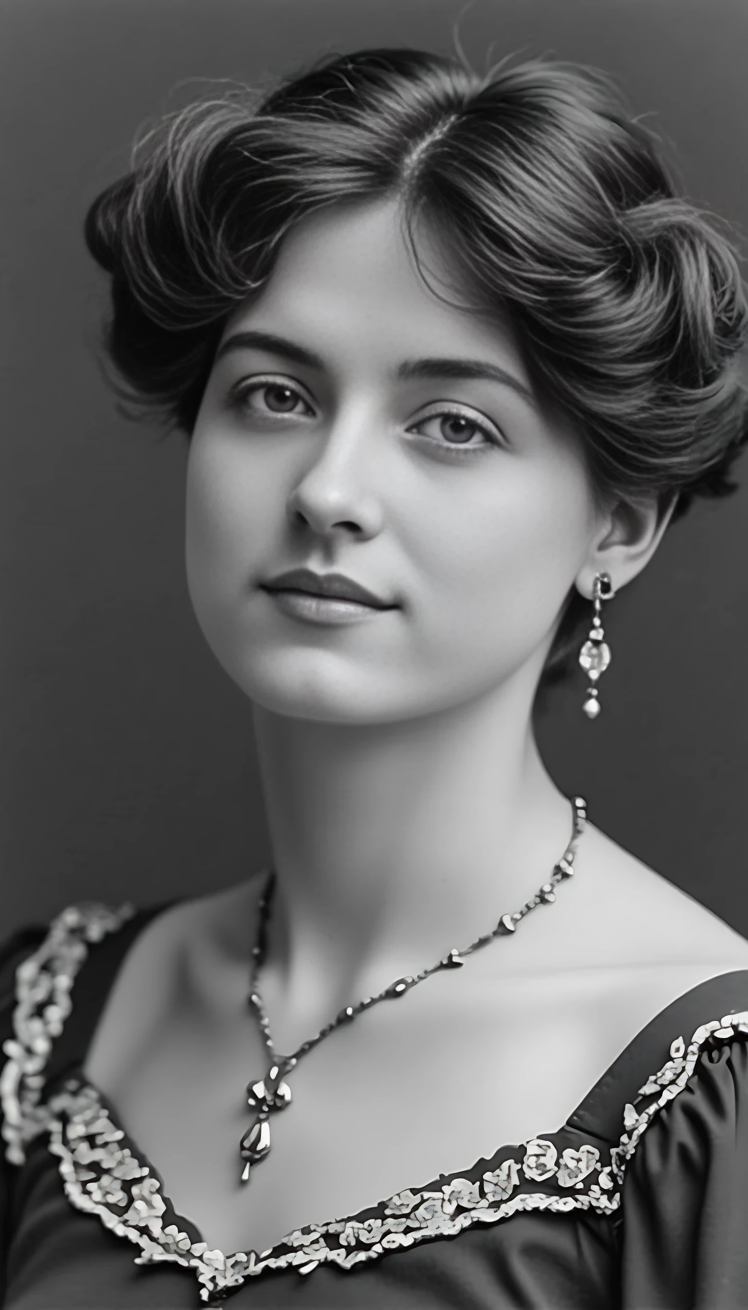 Black and white old worn photography of woman CSTMDL, brunette, ice blue eyes, cold smile. Thin and athletic body, with a flat stomach but plain and sexy feminine curves. 1900 gala robe, small pendant and jewellery, 1900 classy haircut