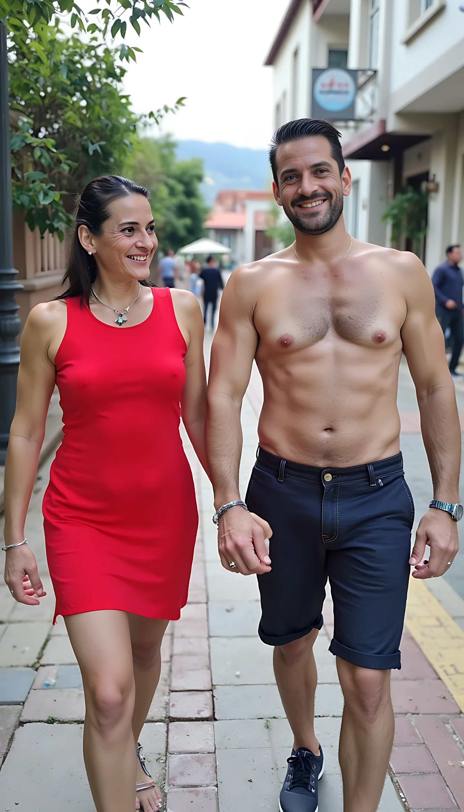 photo of brunette woman CSTMDL, boring low quality photo circa 1960, red short dress, walking on street of istambul with young handsome sporty man, happy face