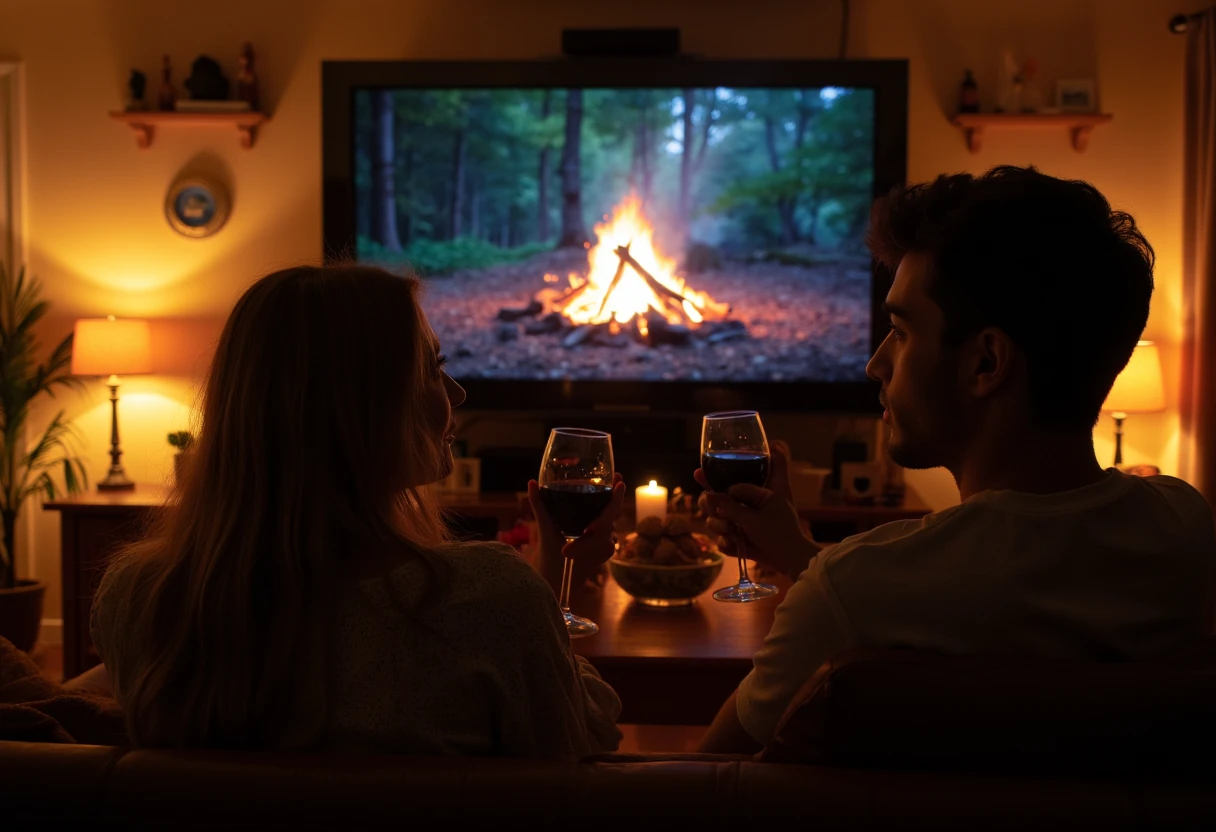Create a realistic, visually appealing image depicting a handsome young man and a woman engaged in an intimate, romantic date setting. The couple is seated comfortably, enjoying a nice glass of wine and relaxed conversation. In the background, a large, clearly visible television screen is displaying a soothing, immersive nature scene featuring a bonfire gently flickering in a tranquil woodland setting. Emphasize warm, cozy lighting and a welcoming atmosphere that complements the romantic mood. The shot is a wide shot and we see elements from the living room as well in the surrounding area
