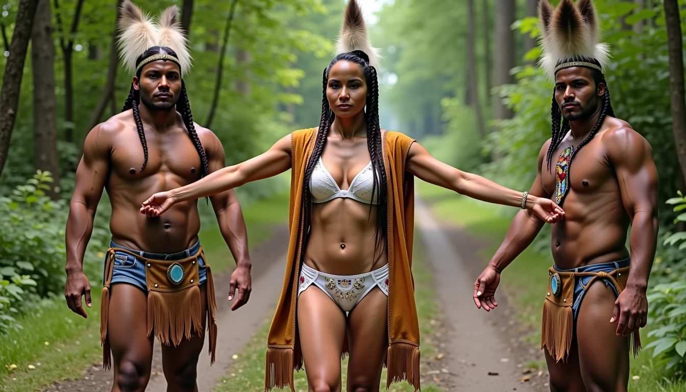 photo of woman CSTMDL, a selfie photo of, a slim woman, her full body is in the scene, she has a slender petite build with petite small boobs and a flat chest, she has small dark skin nipples with long pointy nipple ducts and small dark skinned areolas, her hair is styled with two long braids she has eagle plumes in her hair, she is not wearing earrings, she is wearing daisy duke denim booty shorts, she is wearing a native American style vest in a golden yellow color over top of her underwear, she is holding her vest open exposing her strapless bra, her bra is a strapless white lace bra, she is wearing white lace panties, she is wearing ankle height smoked hide moccasins, natural lighting, natural light, amateur photography, shot on an iPhone, she is spread out like a starfish by two native American giants with her legs spread wide apart in a densely wooded forest, she is maintaining intense eye contact with the camera, two fat giant native American man standing up directly on either side of her holding onto her by her wrists and ankles, public setting, Hyper realism, 16k, uhd, ultra-sharp focus, perfect meshes and textures, highly detailed, highly accurate reflections, natural lighting, natural light, amateur photography,